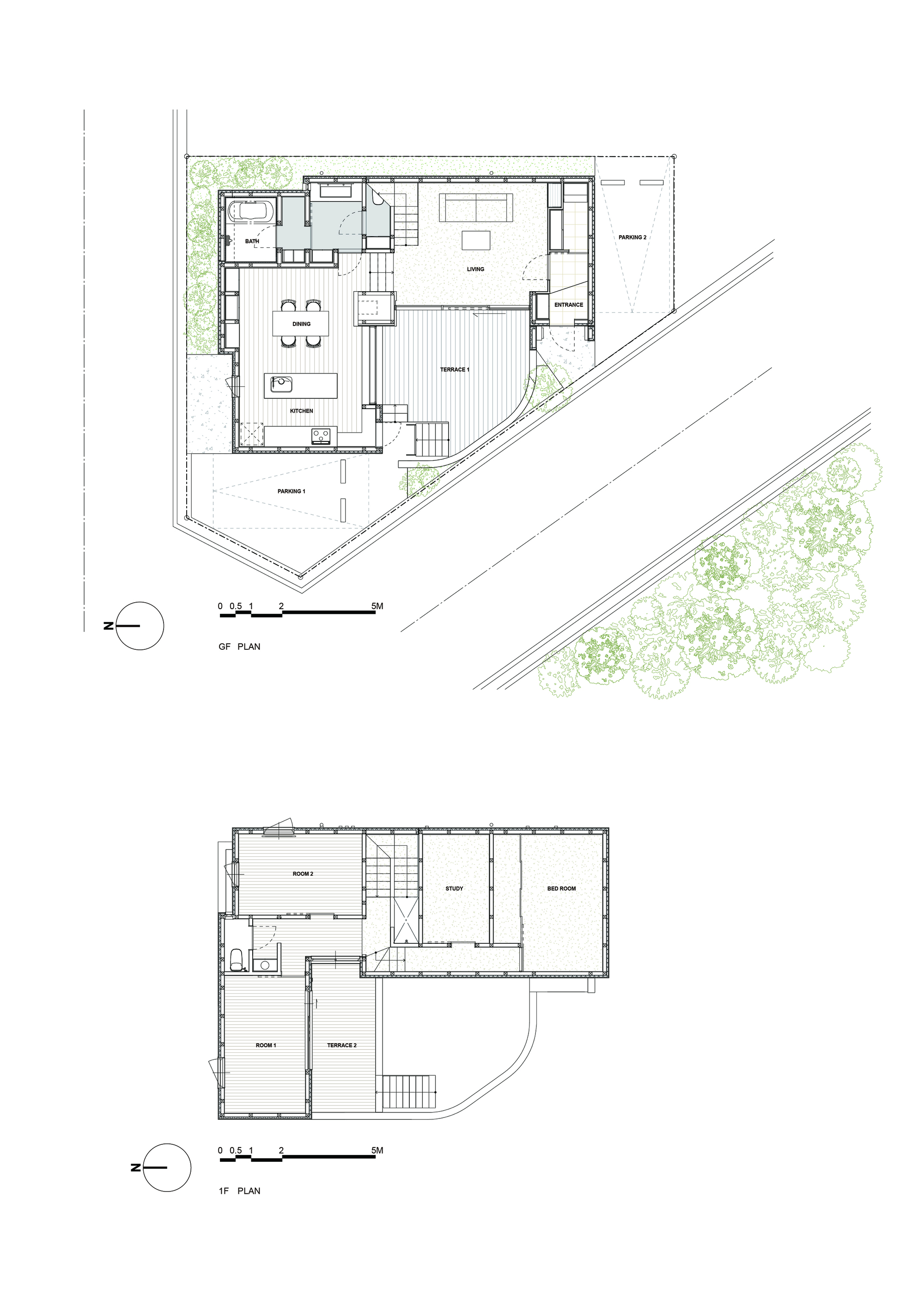 Ground floor and first floor plan drawings showing angled triangular footprint with terraces and landscaping