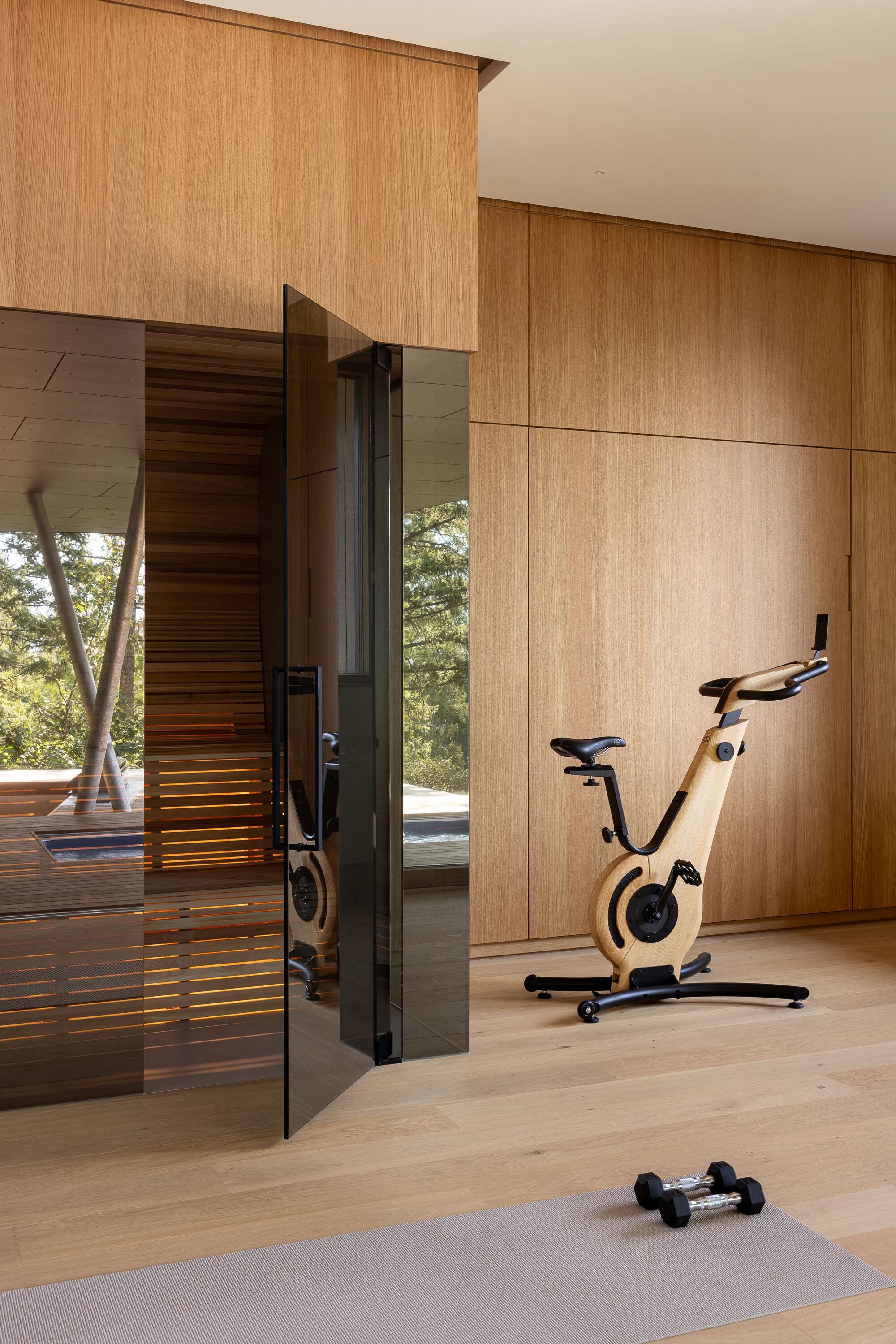 Glass door opening into a sauna with horizontal wood slats beside light wood wall panels and an exercise bike
