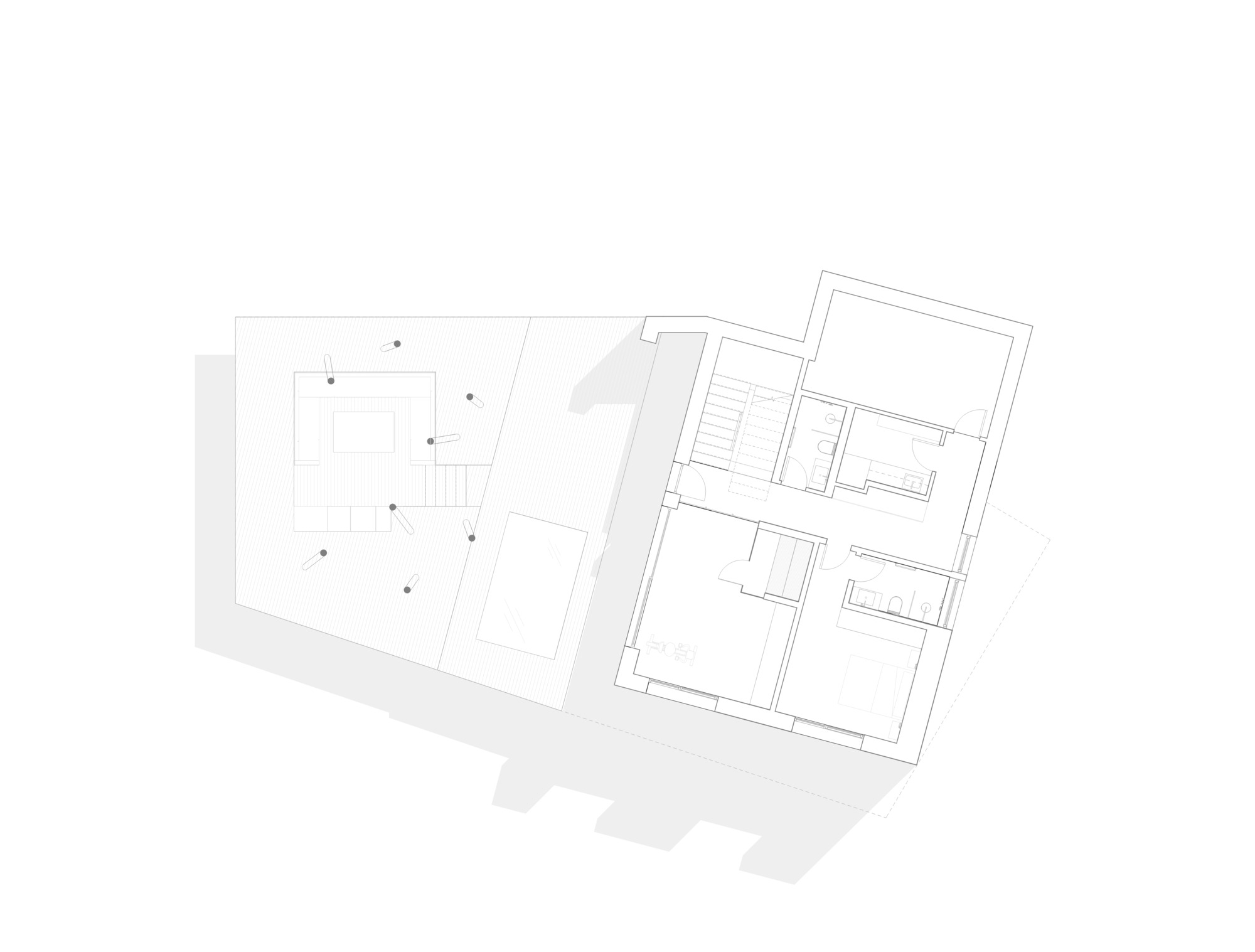 Floor plan drawing showing an angled deck with pool and interior rooms on two levels