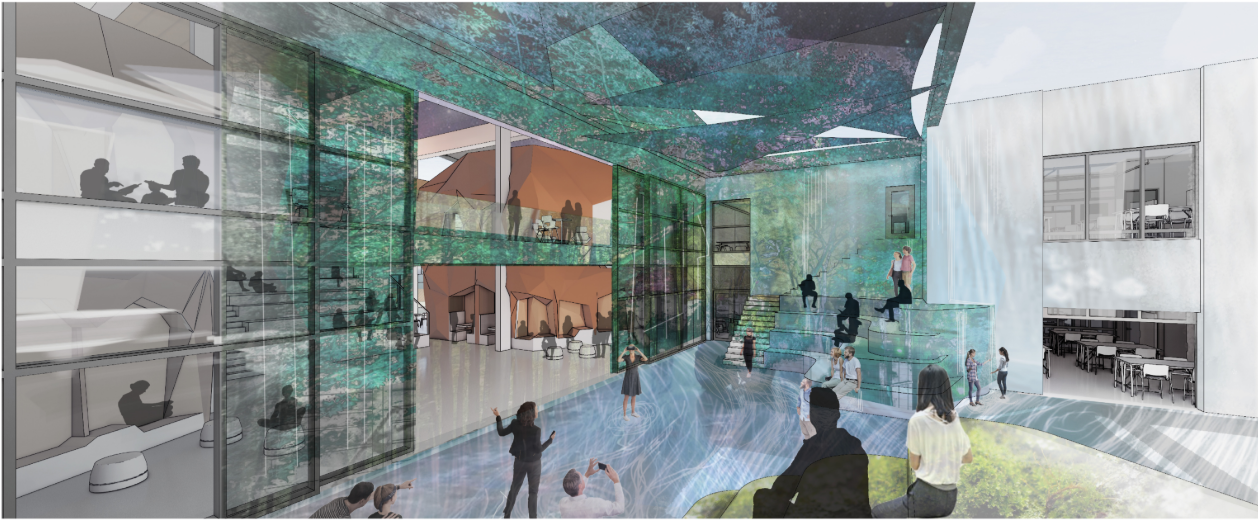 Immersive digital learning environment blending architecture, technology, and spatial experience for enhanced engagement.