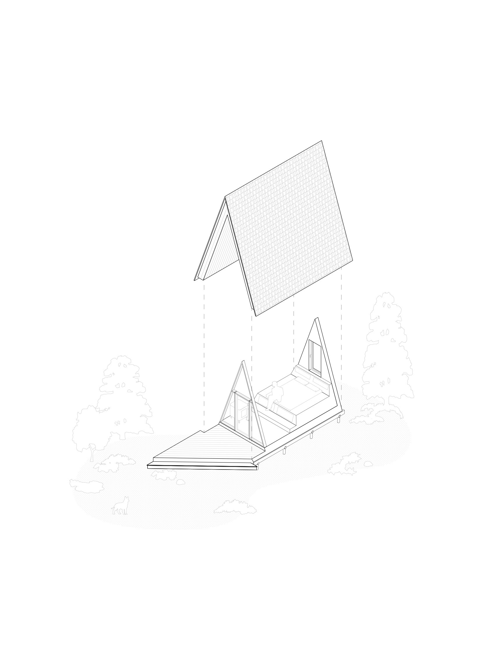 Isometric drawing revealing interior sleeping platform beneath gabled roof with open glazed facade and surrounding landscape