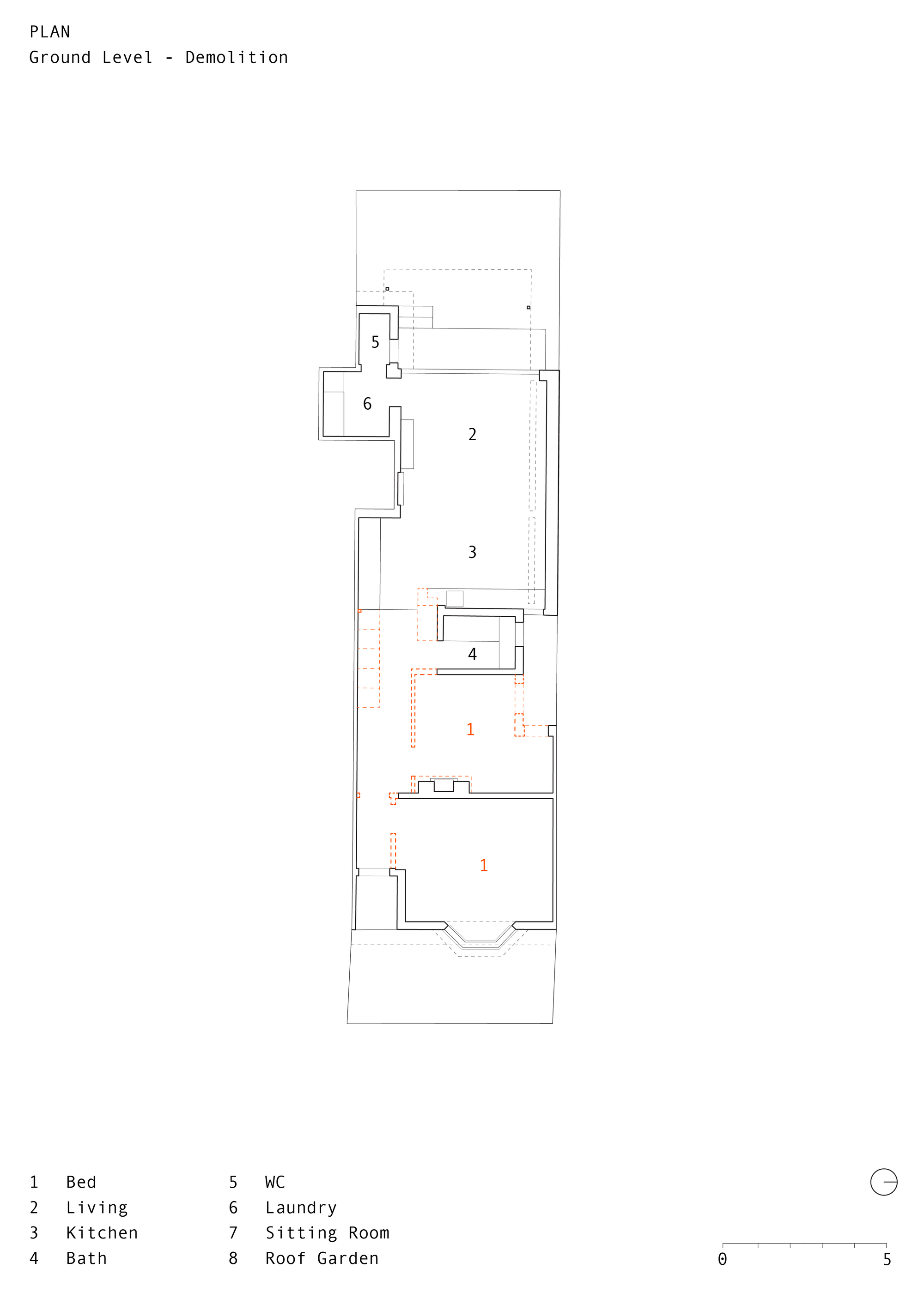 Ground level demolition plan showing existing room layout with numbered spaces and areas marked for removal