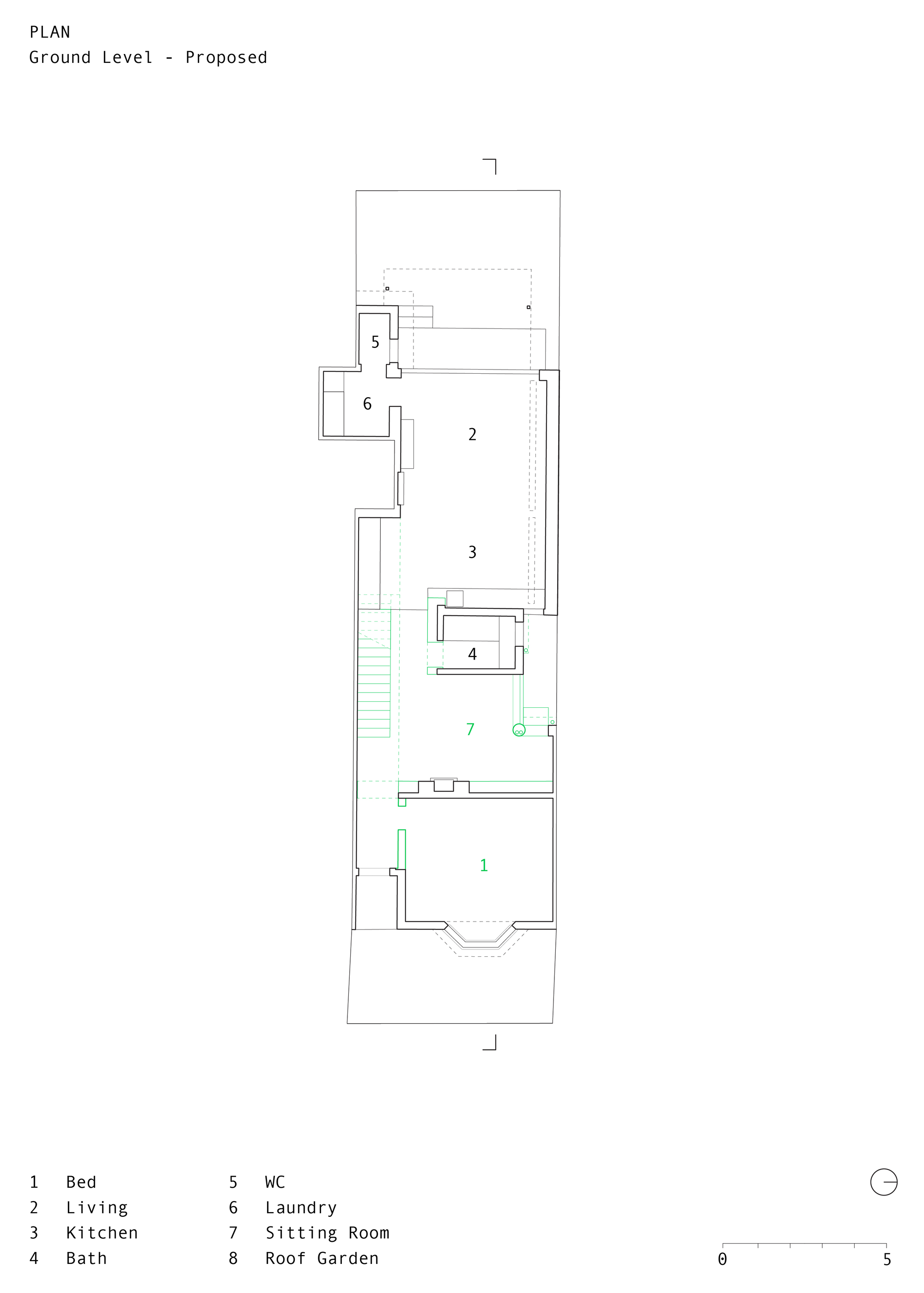 Proposed ground level plan drawing with new stair location and reconfigured interior partitions highlighted in green