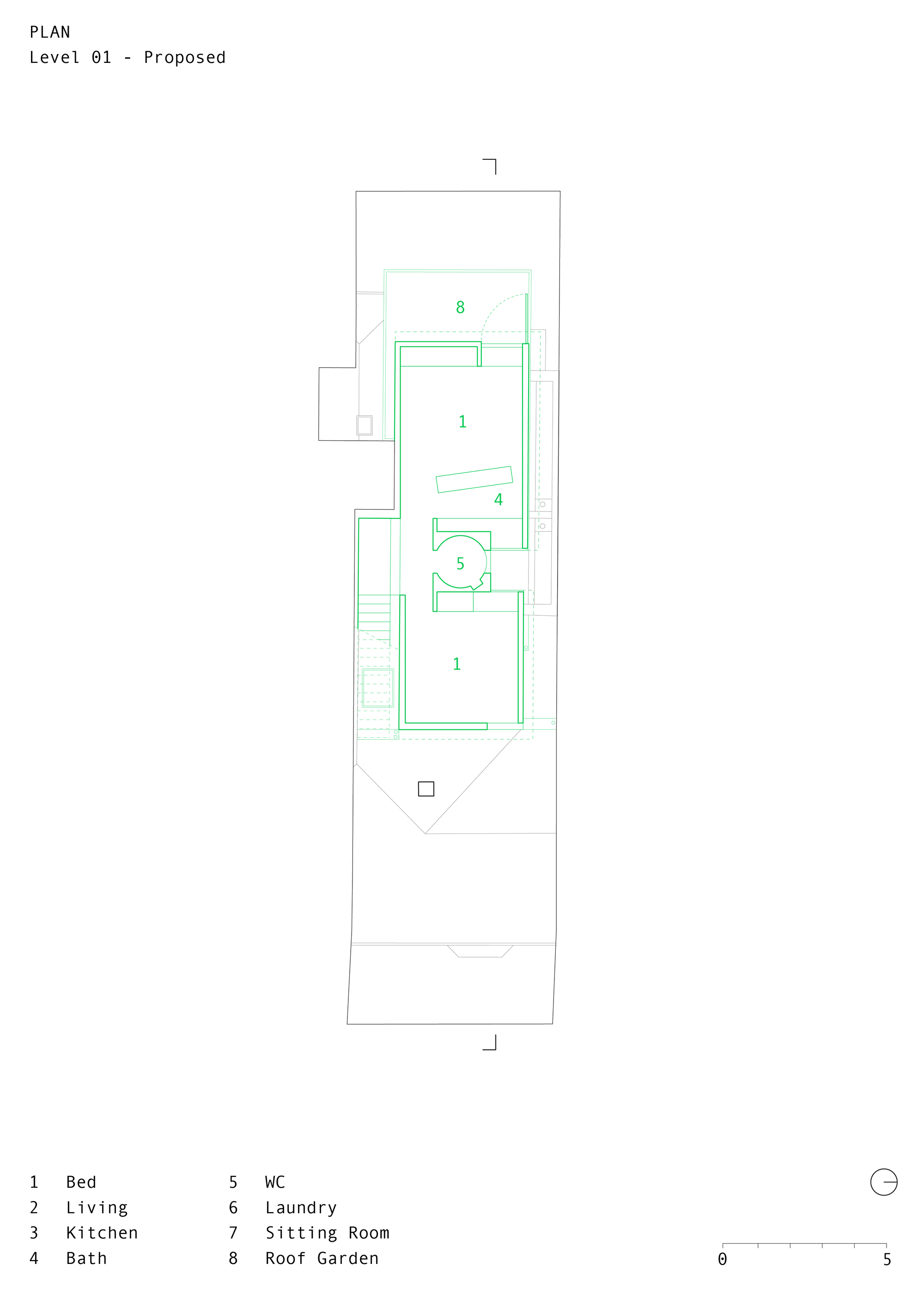 First floor plan drawing showing upper level bedroom layout with bathroom and roof garden access
