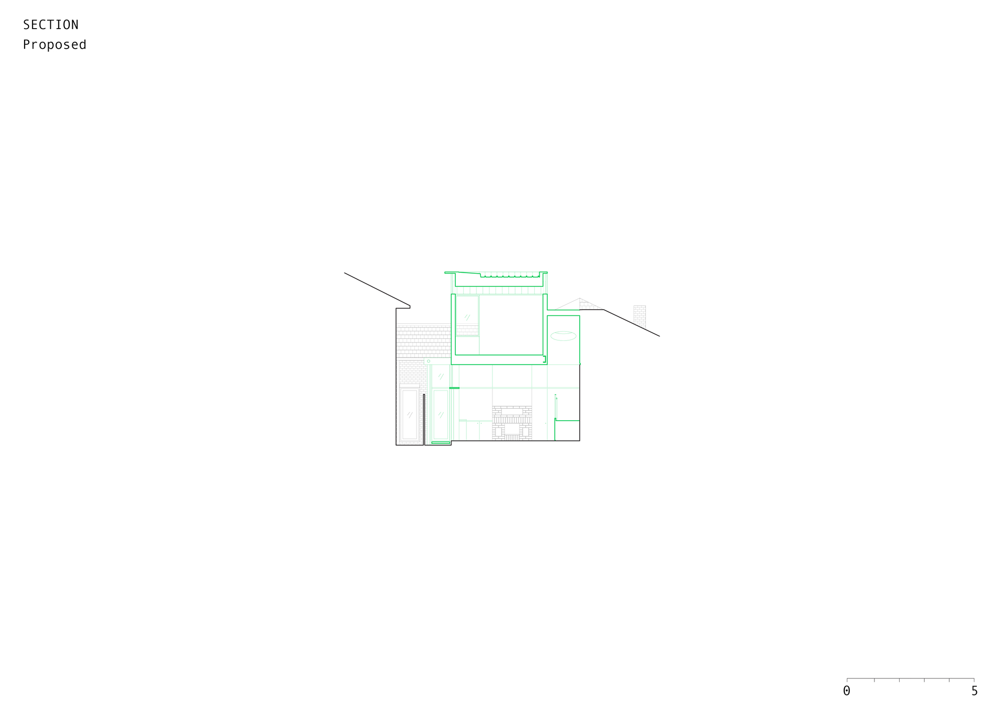 Section drawing showing the proposed two-story volume with roof terrace and sloping adjacent rooflines