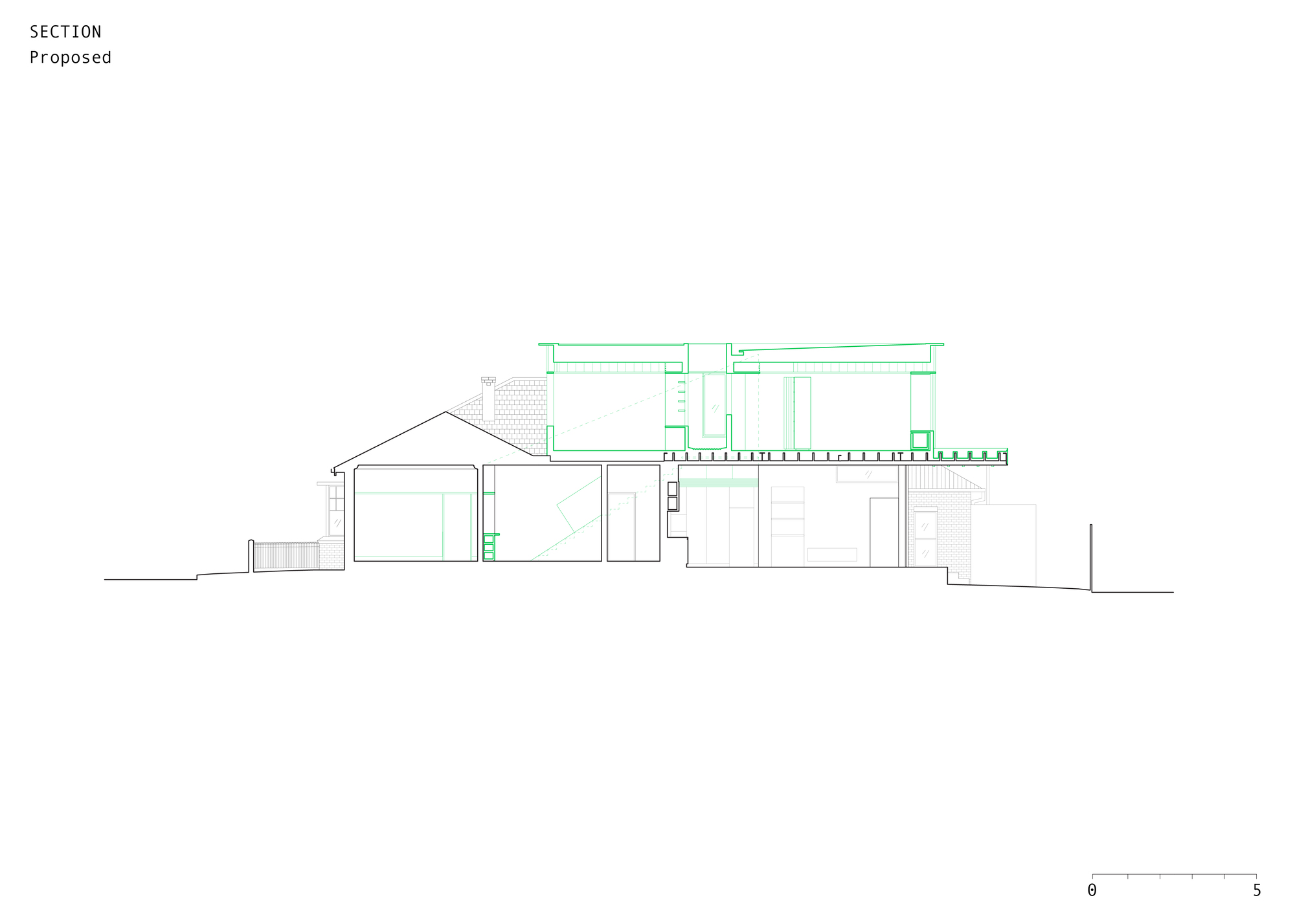 Longitudinal section drawing showing relationship between existing single-story structure and new two-story extension with timber deck