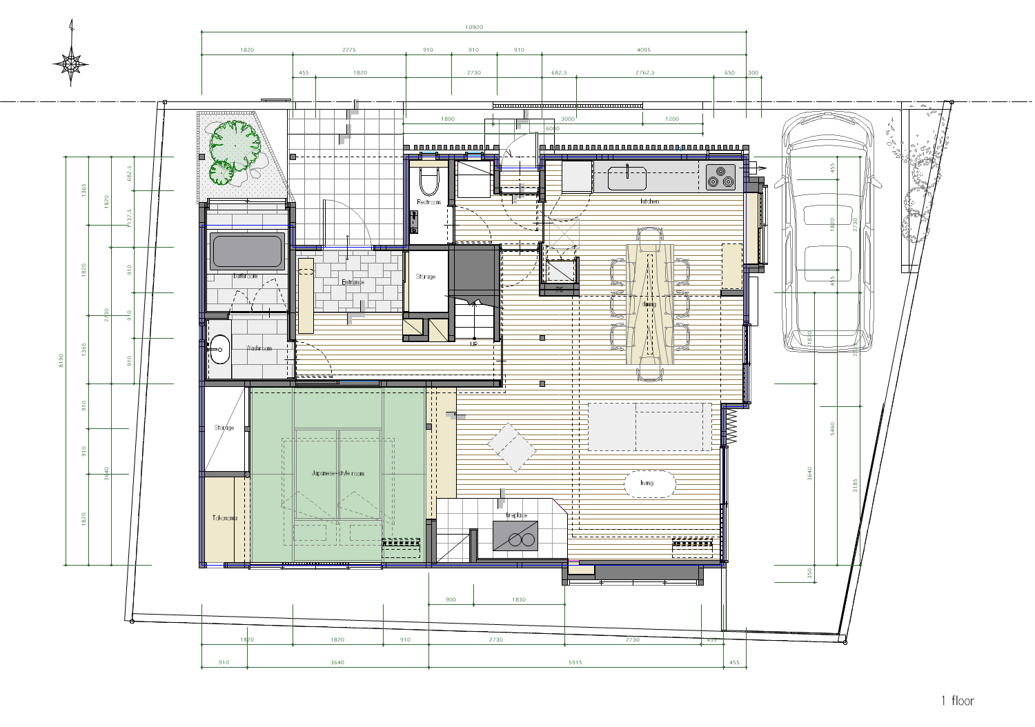 Floor plan drawing showing first level with a tatami room, living spaces, bathroom, and adjacent garden area