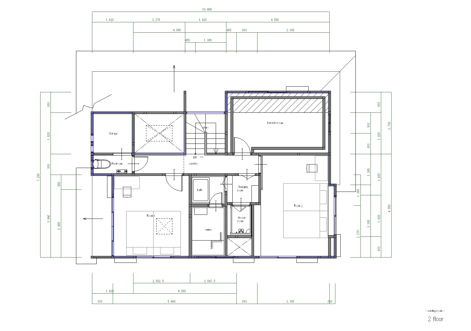 Second floor plan drawing with bedrooms, stairwell, and a lofted bedroom with angled ceiling
