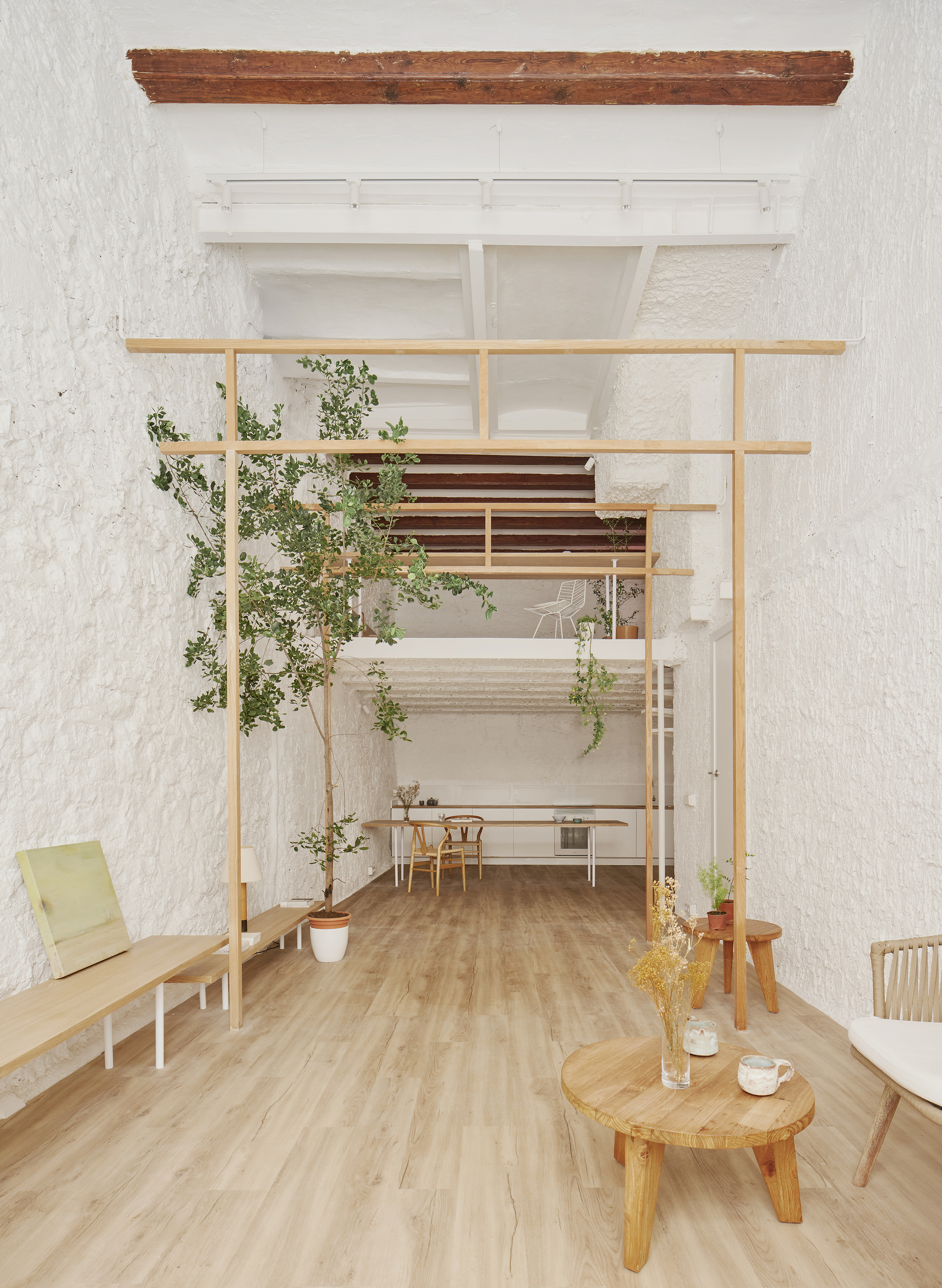 Double-height space with horizontal timber beams, exposed ceiling joists and a planted tree beside low furniture