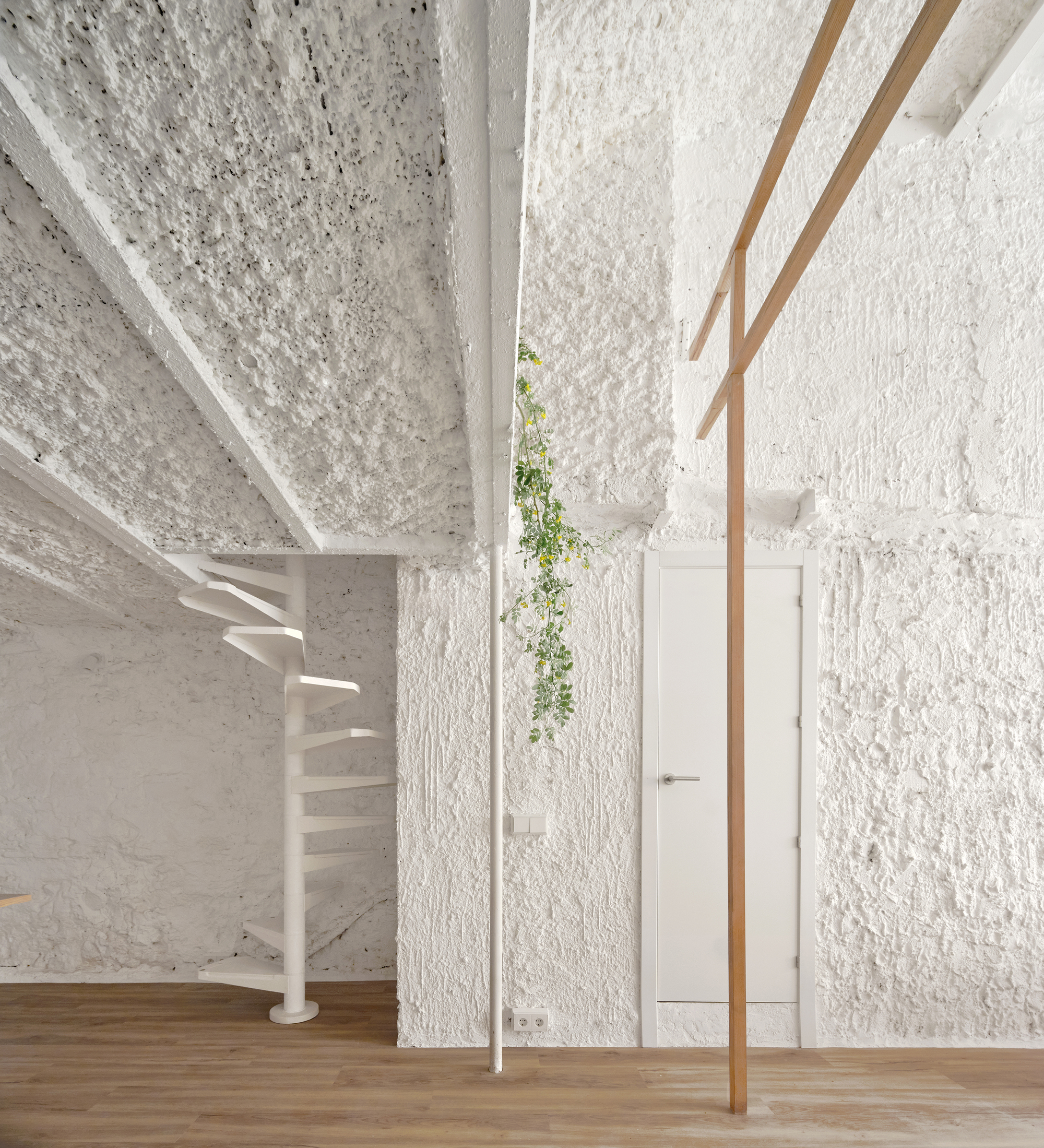 White spiral staircase beside timber structural columns and textured masonry walls with trailing greenery