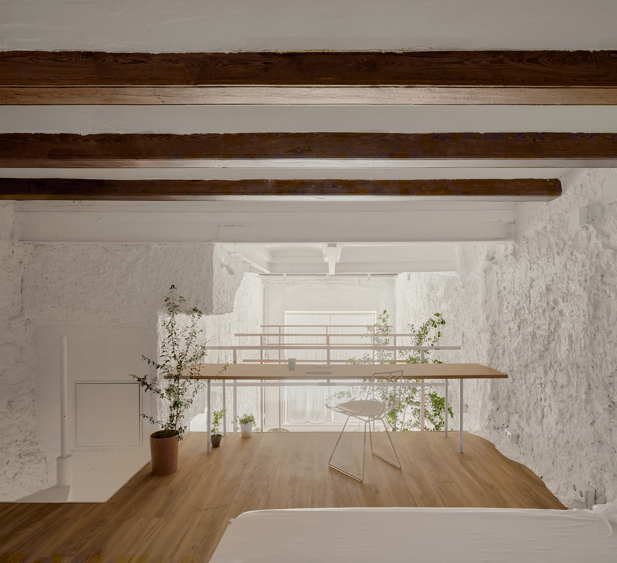 Double-height interior with exposed timber beams, timber mezzanine desk, and whitewashed textured walls with planted pots