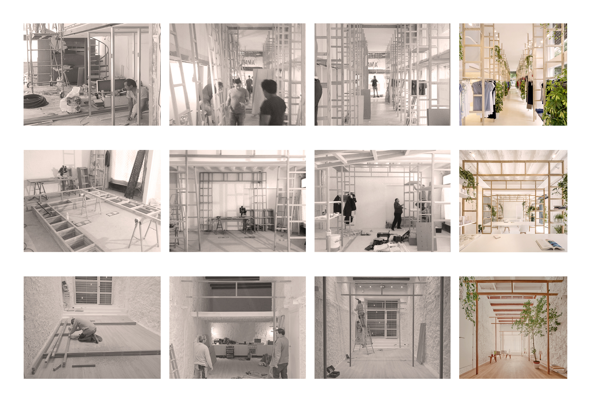 Construction photograph sequence showing the renovation process from demolition to completion with timber framing and planting