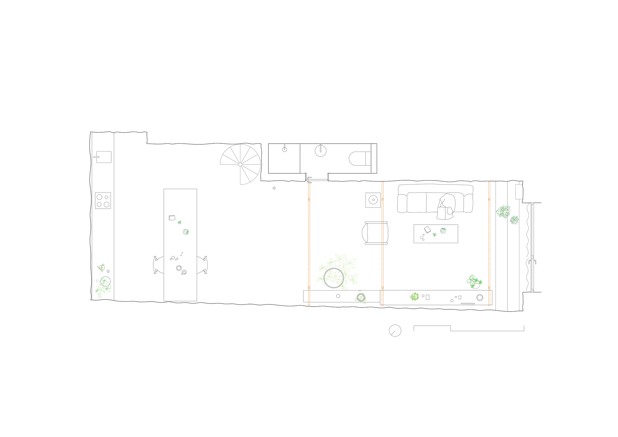 Floor plan drawing showing a narrow rectangular layout with kitchen, spiral stair, bathroom, and living area