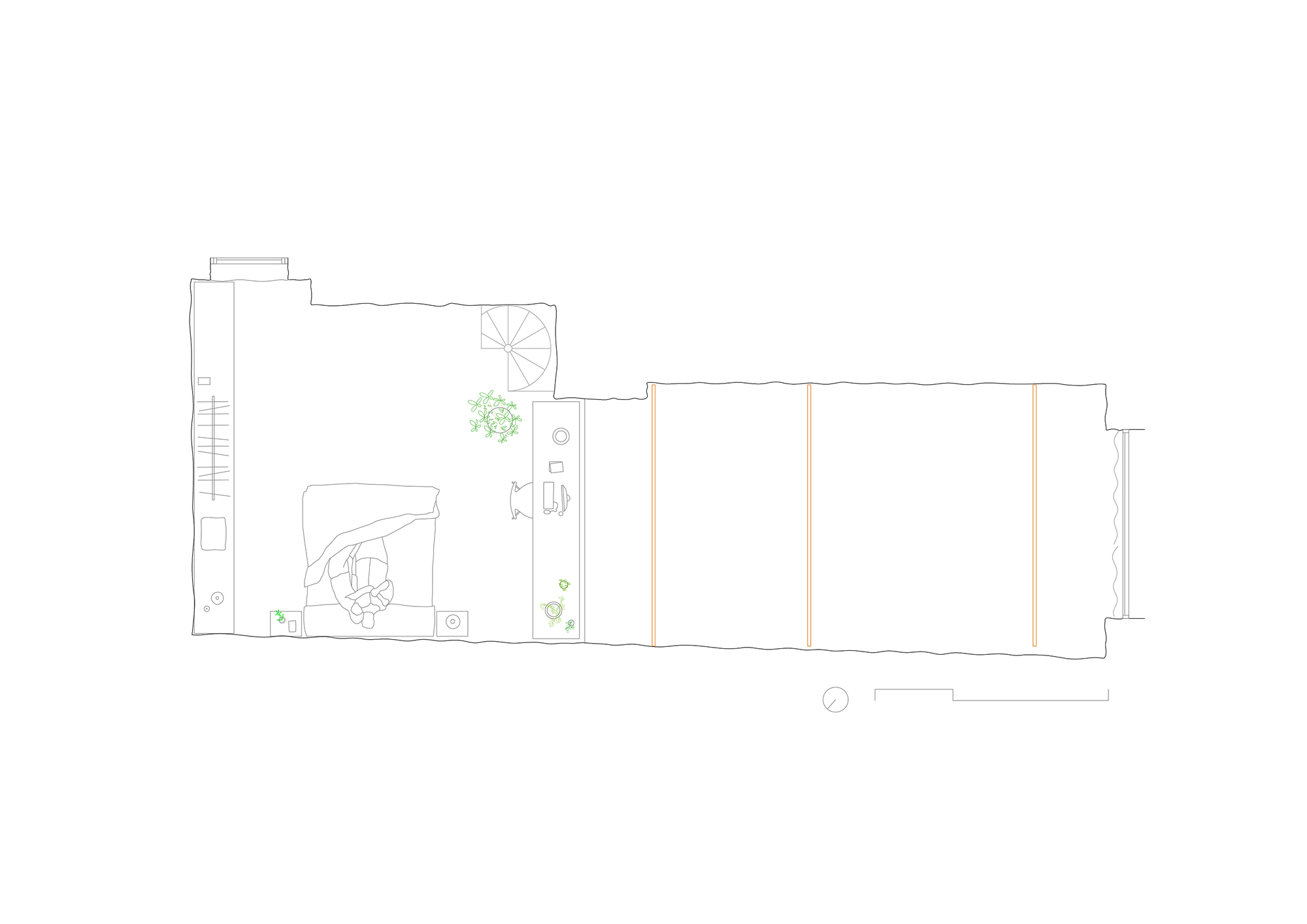 Floor plan drawing showing a staircase and spiral stair with furnished living spaces and planted courtyard