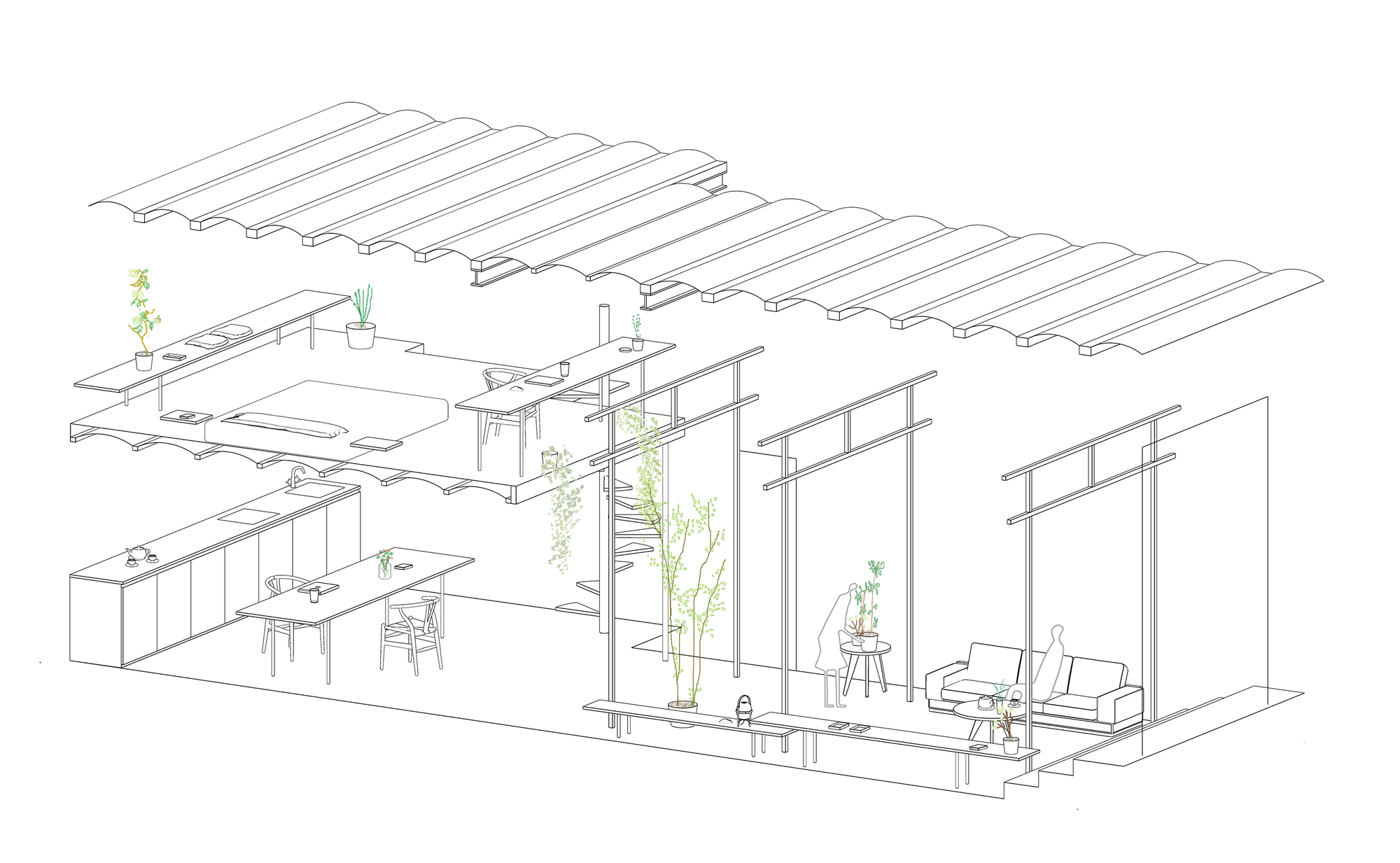 Axonometric cutaway drawing revealing interior spaces with corrugated roof, planted partitions and furnished zones