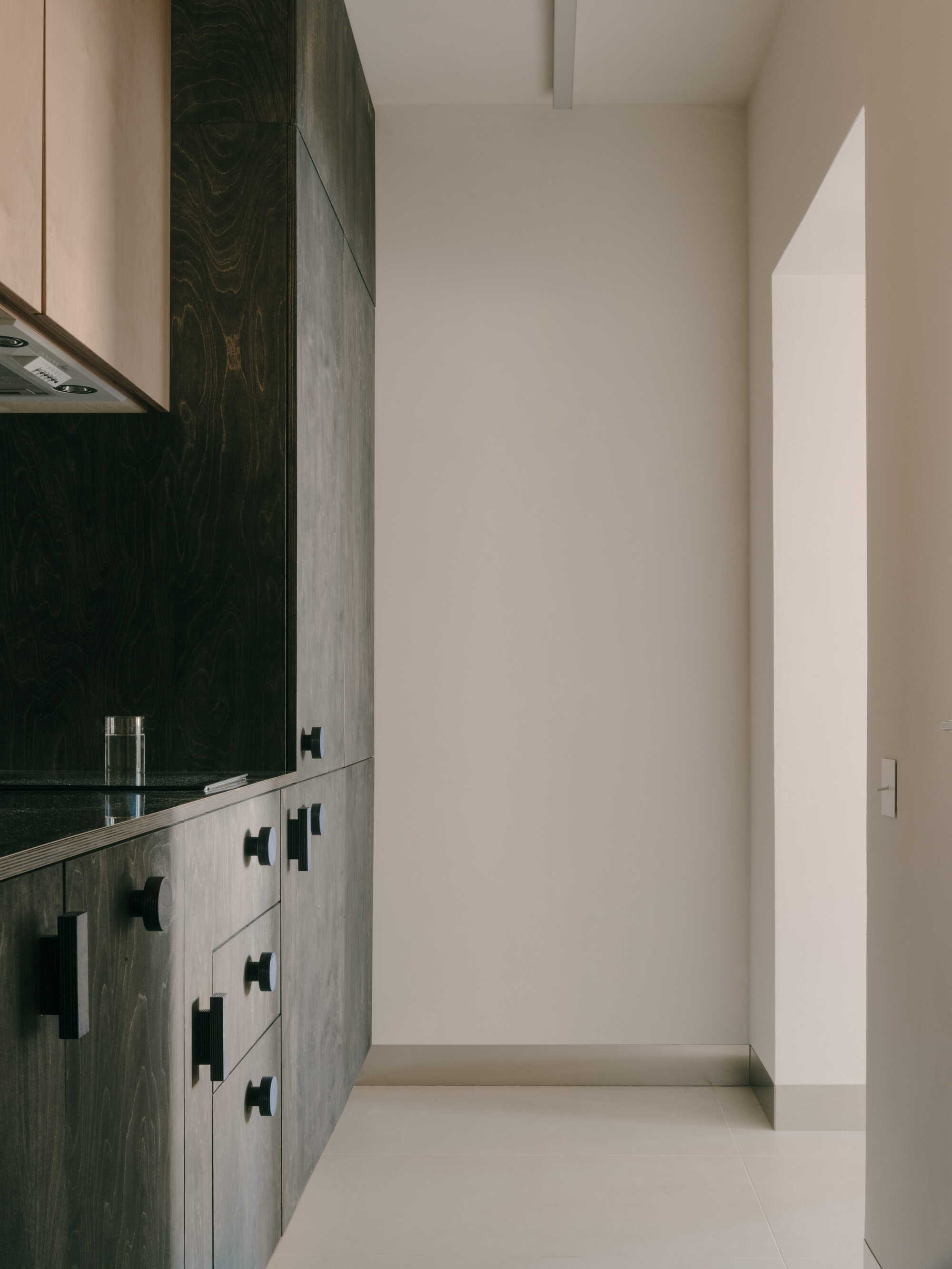 Galley kitchen with dark stained wood cabinetry, black hardware, and natural daylight from adjacent room