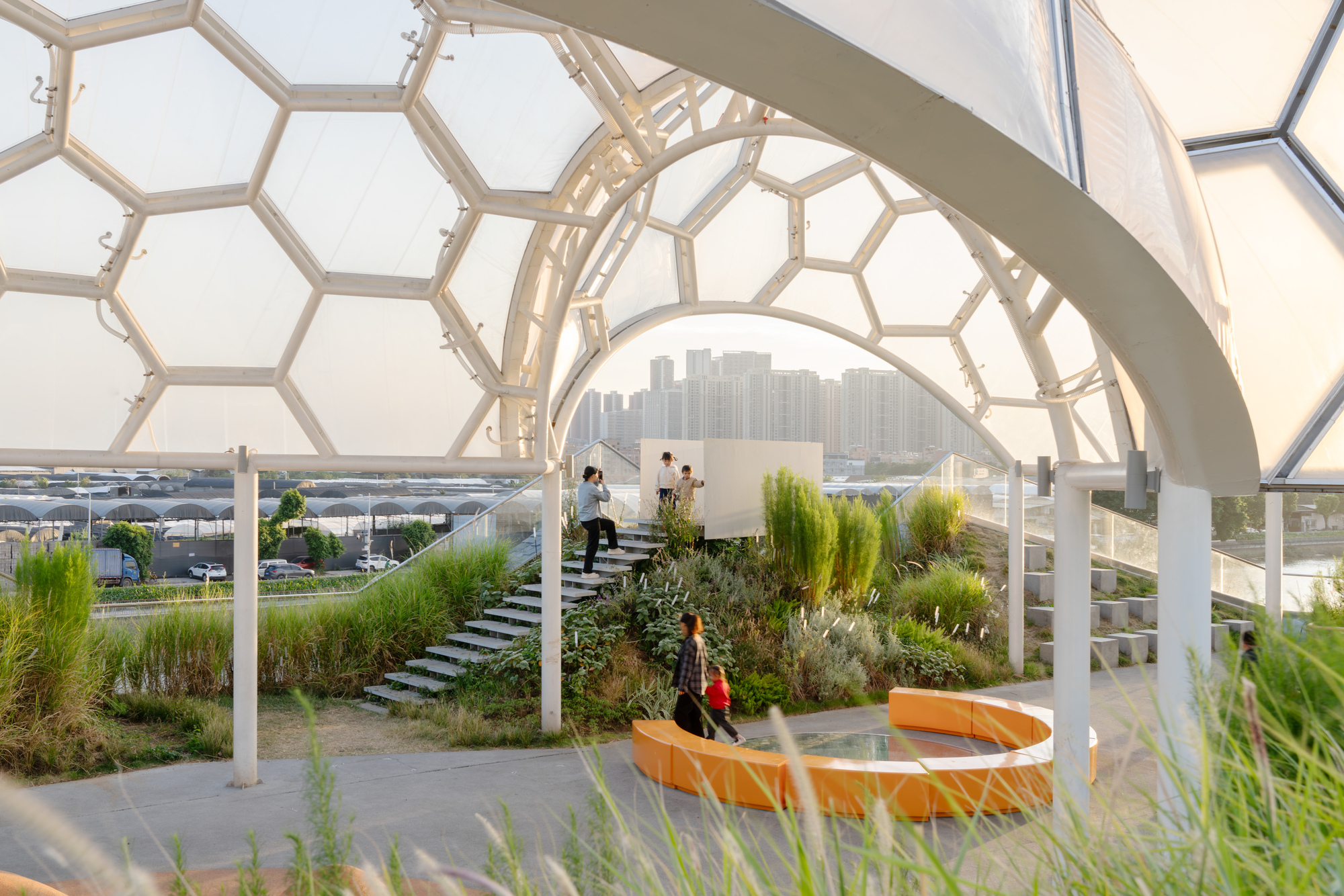 Rooftop garden beneath the hexagonal frame with planted beds, stepped pathways, and orange circular seating elements
