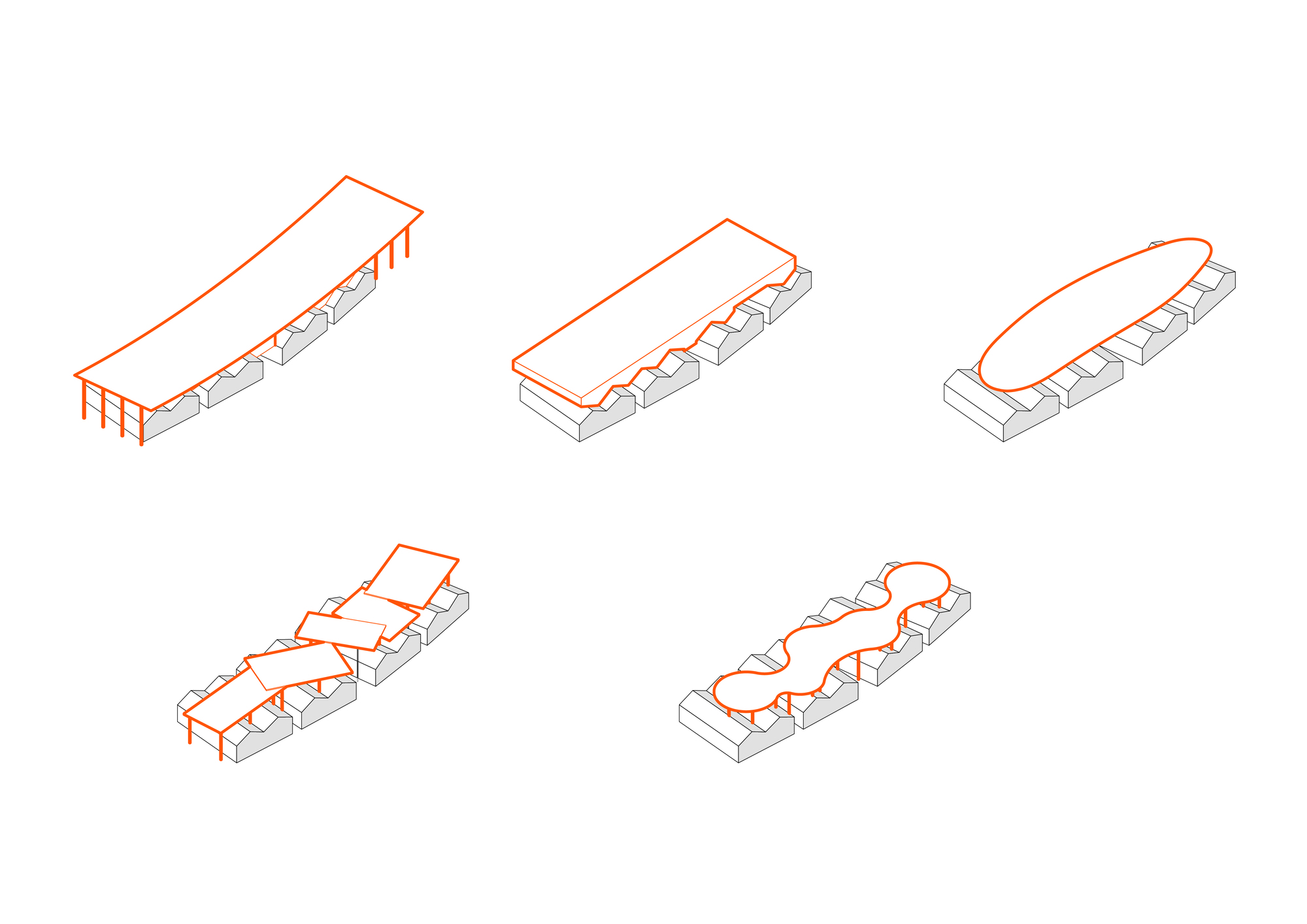 Diagram showing five sequential isometric views of a roofline transforming from straight to undulating