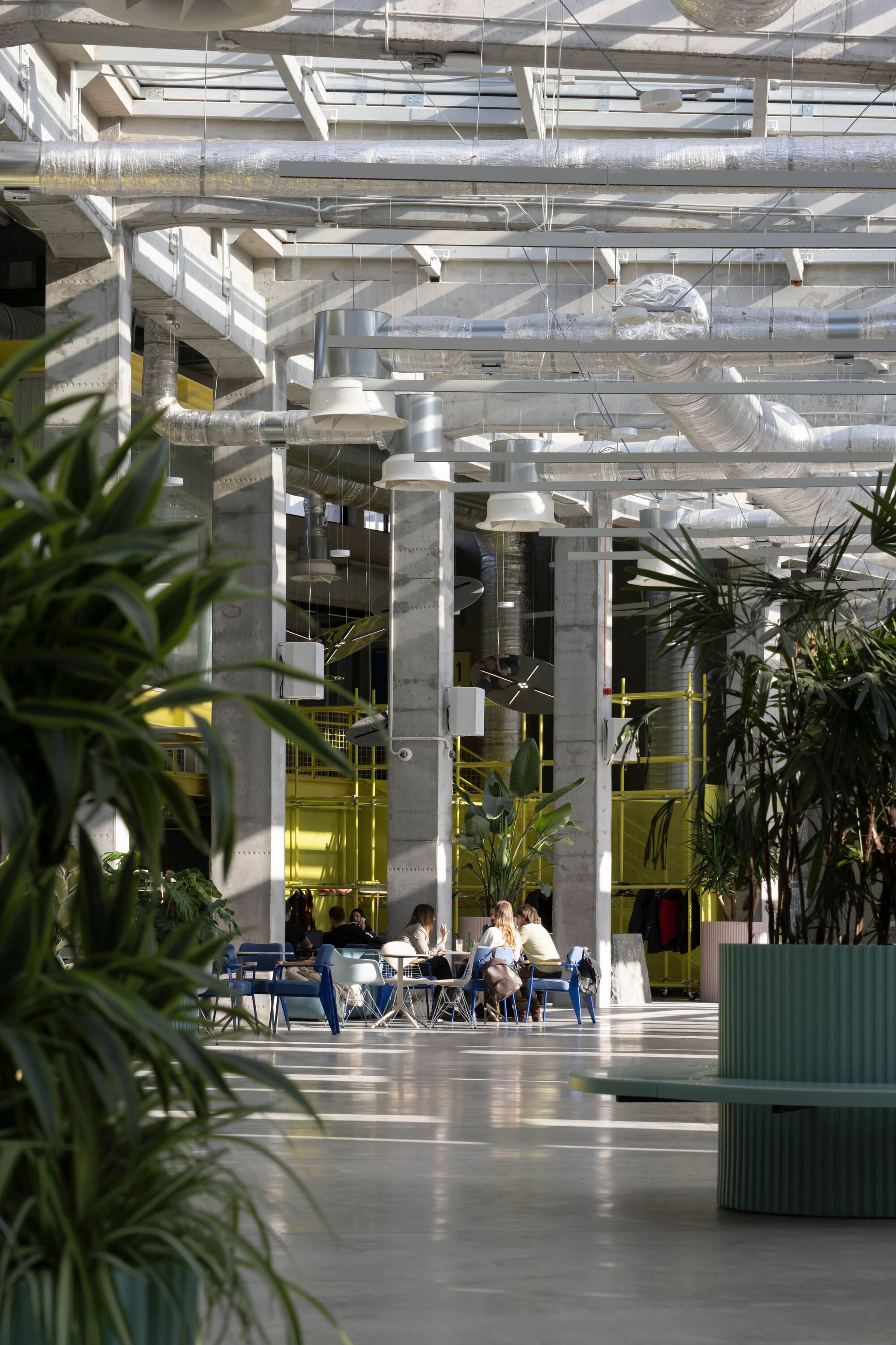 Interior workspaces beneath exposed ductwork and pendant lights with potted plants framing the view