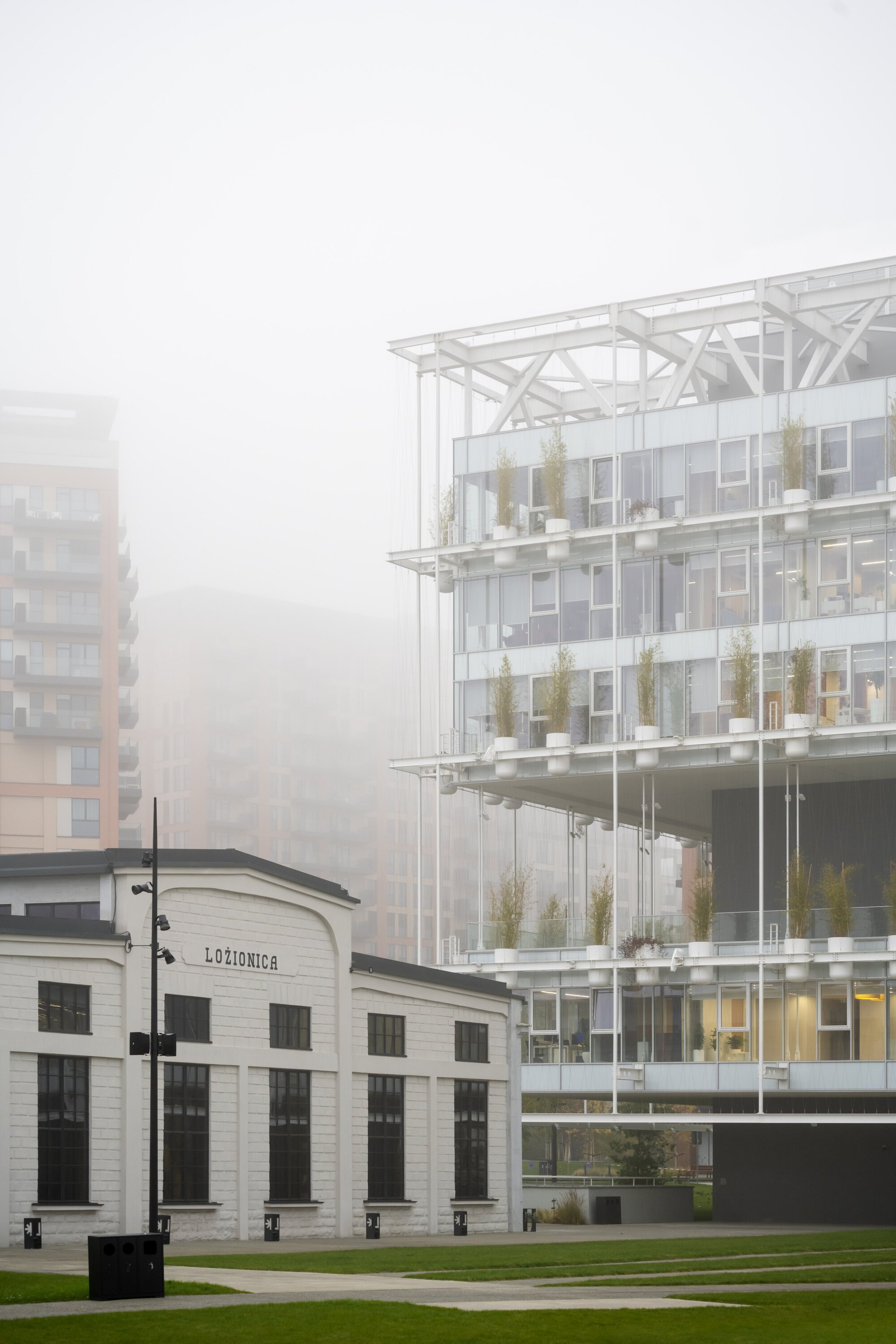 Glazed structure with exposed white truss roof rising behind a restored white masonry pavilion in mist