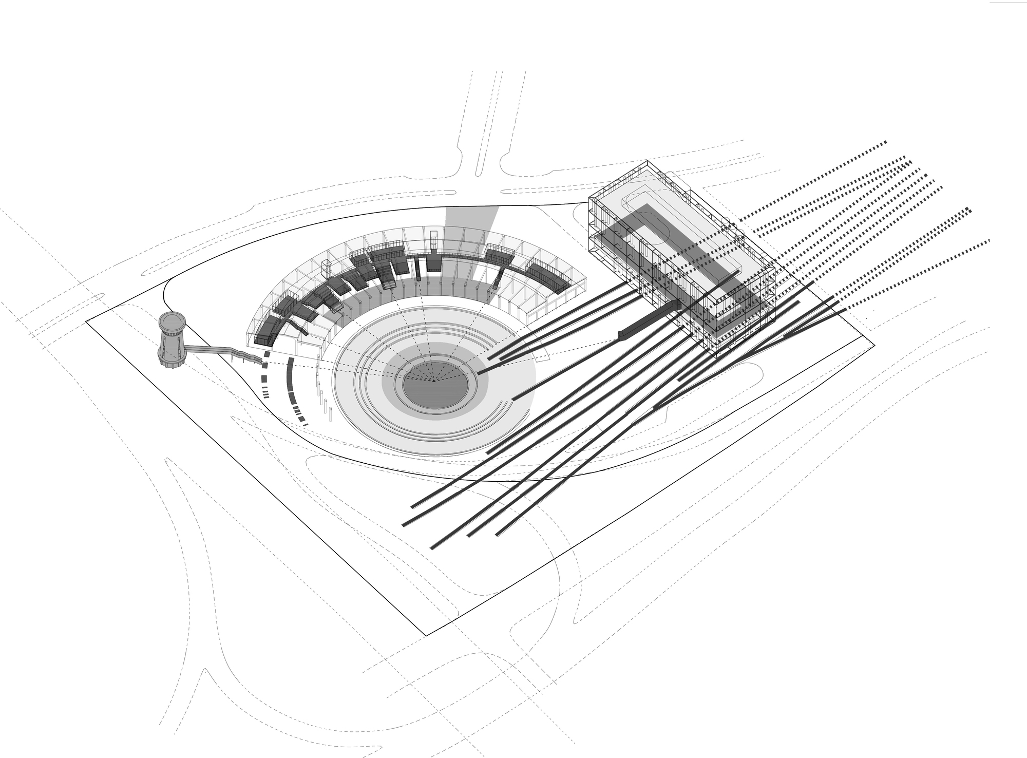 Axonometric drawing showing a circular arena with radial seating and adjacent rectangular service building
