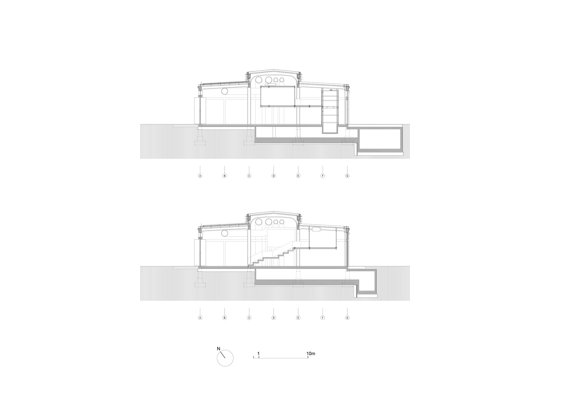 Section drawings showing the cylindrical tower structure with internal stairs and connection to the main building volume