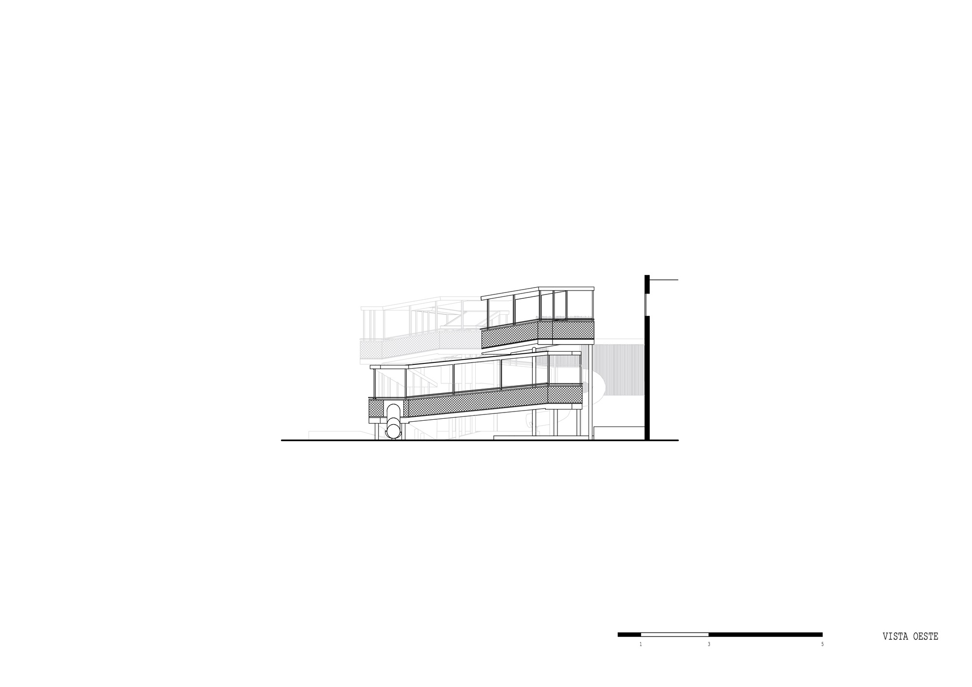 Elevation drawing showing stacked terraces with metal railings and a narrow vertical tower element