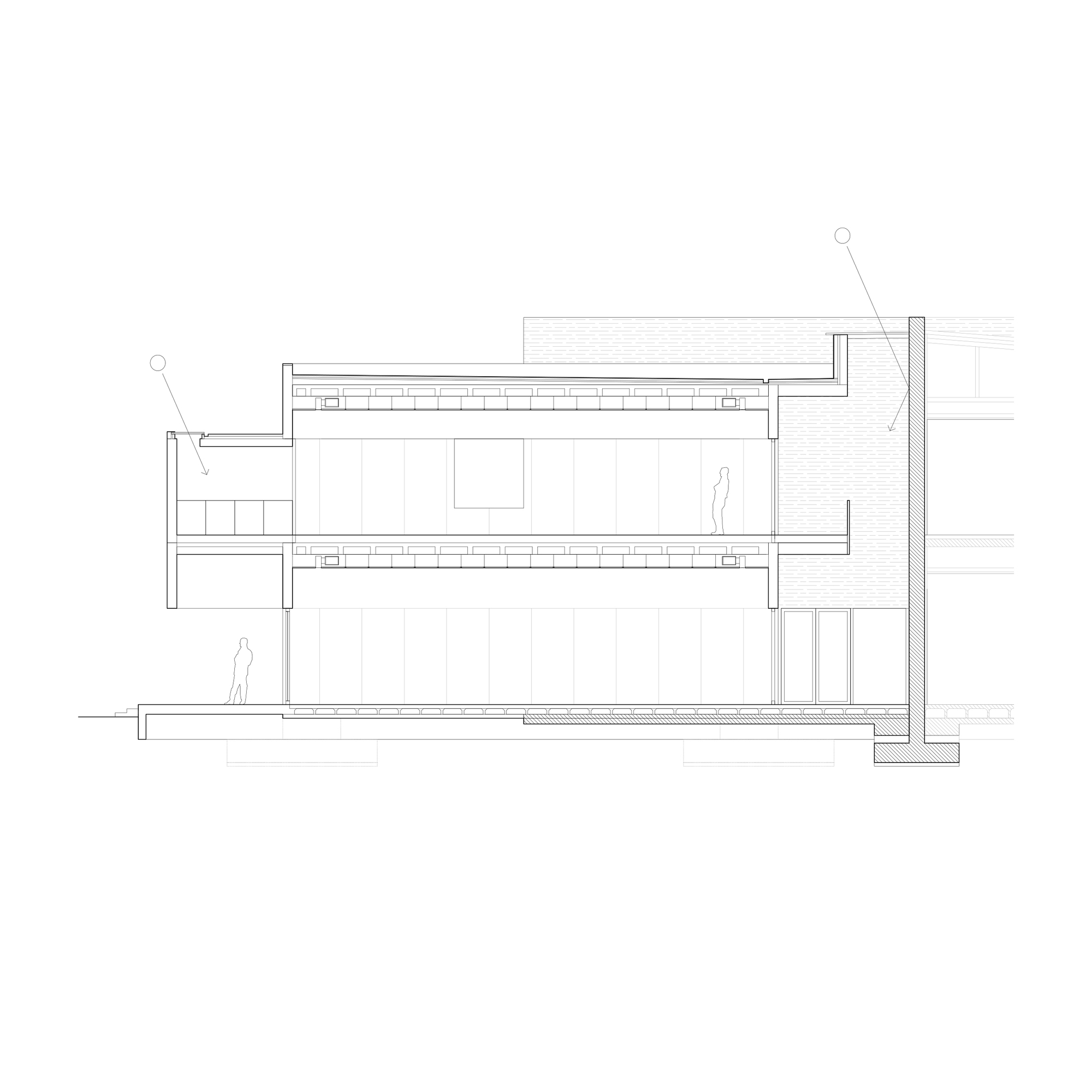 Section drawing showing two levels with terraces, interior spaces and human figures for scale