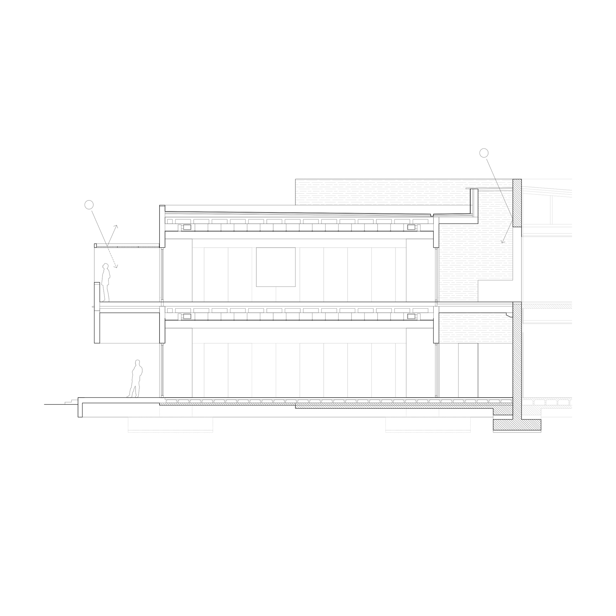 Section drawing depicting stacked floor plates with balconies, vertical circulation and textured wall surfaces