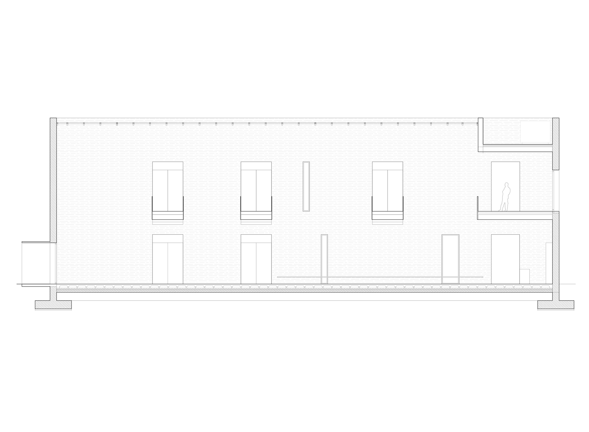 Elevation drawing showing a long facade with six window openings and a figure at right