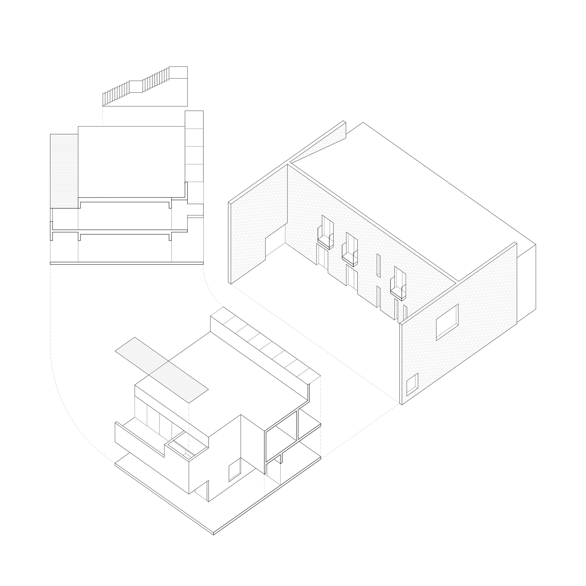 Axonometric drawing revealing multi-level volumes with a stair, terraces and an enclosed upper room