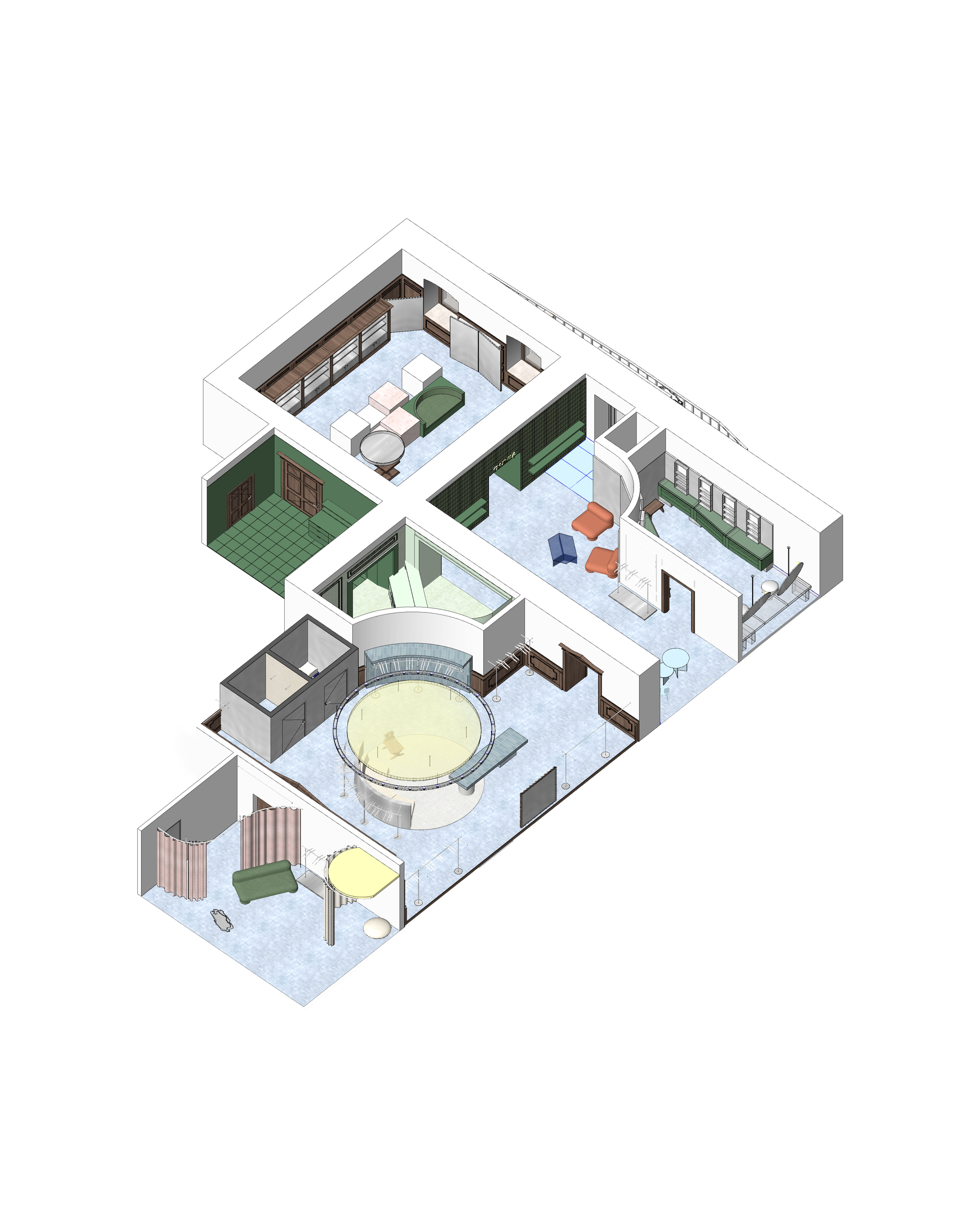 Axonometric drawing showing retail interior layout with central circular seating area and green tiled fitting room