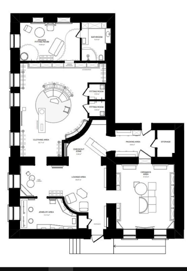 Floor plan drawing showing retail layout with curved central fitting area and surrounding lounge and display zones
