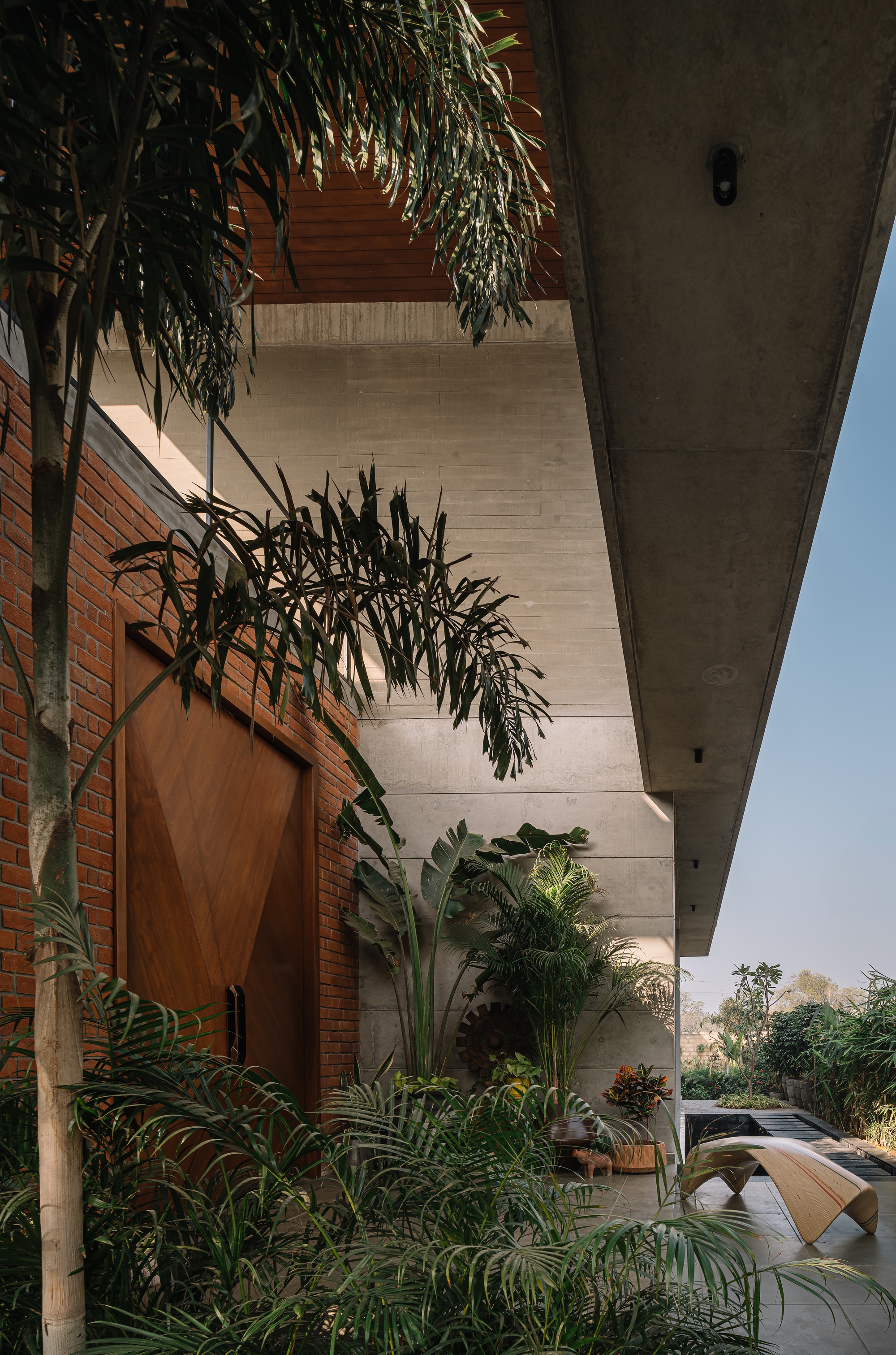 Covered terrace with red brick wall and timber door surrounded by hanging plants and tropical foliage