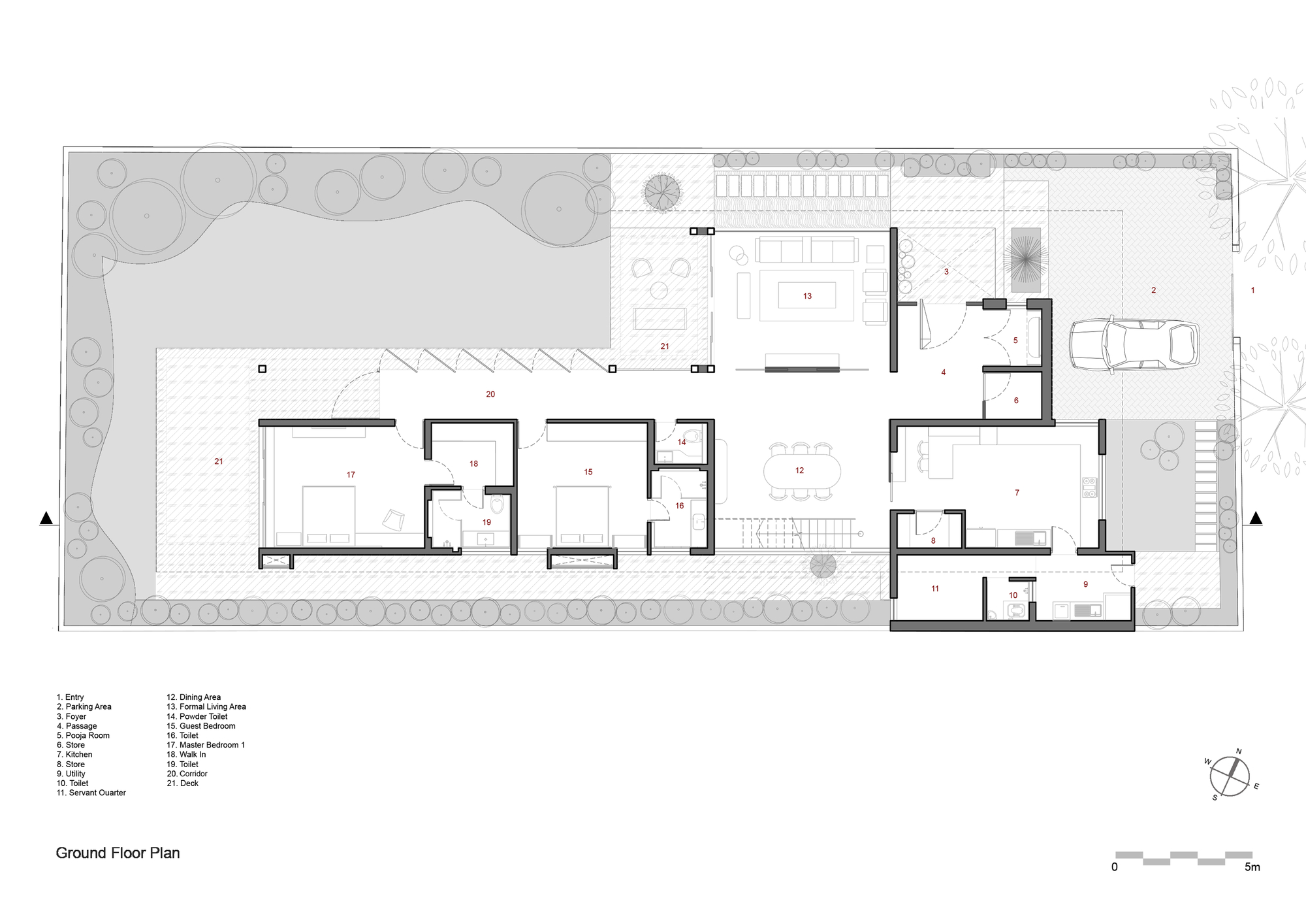 Ground floor plan showing linear layout with swimming pool, living spaces, and landscaped garden boundary
