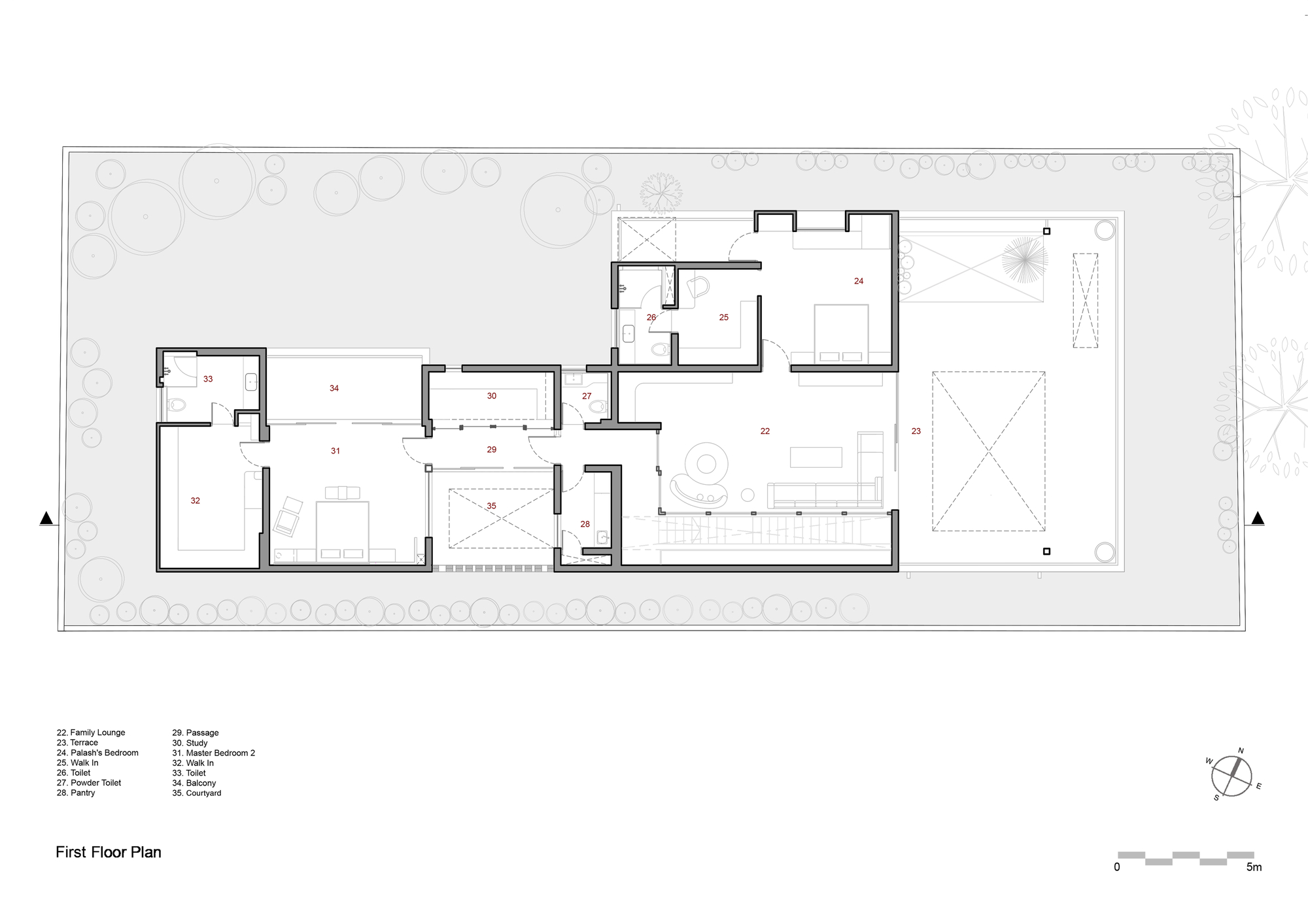 First floor plan showing bedroom wing, family lounge, and open terrace area with north orientation