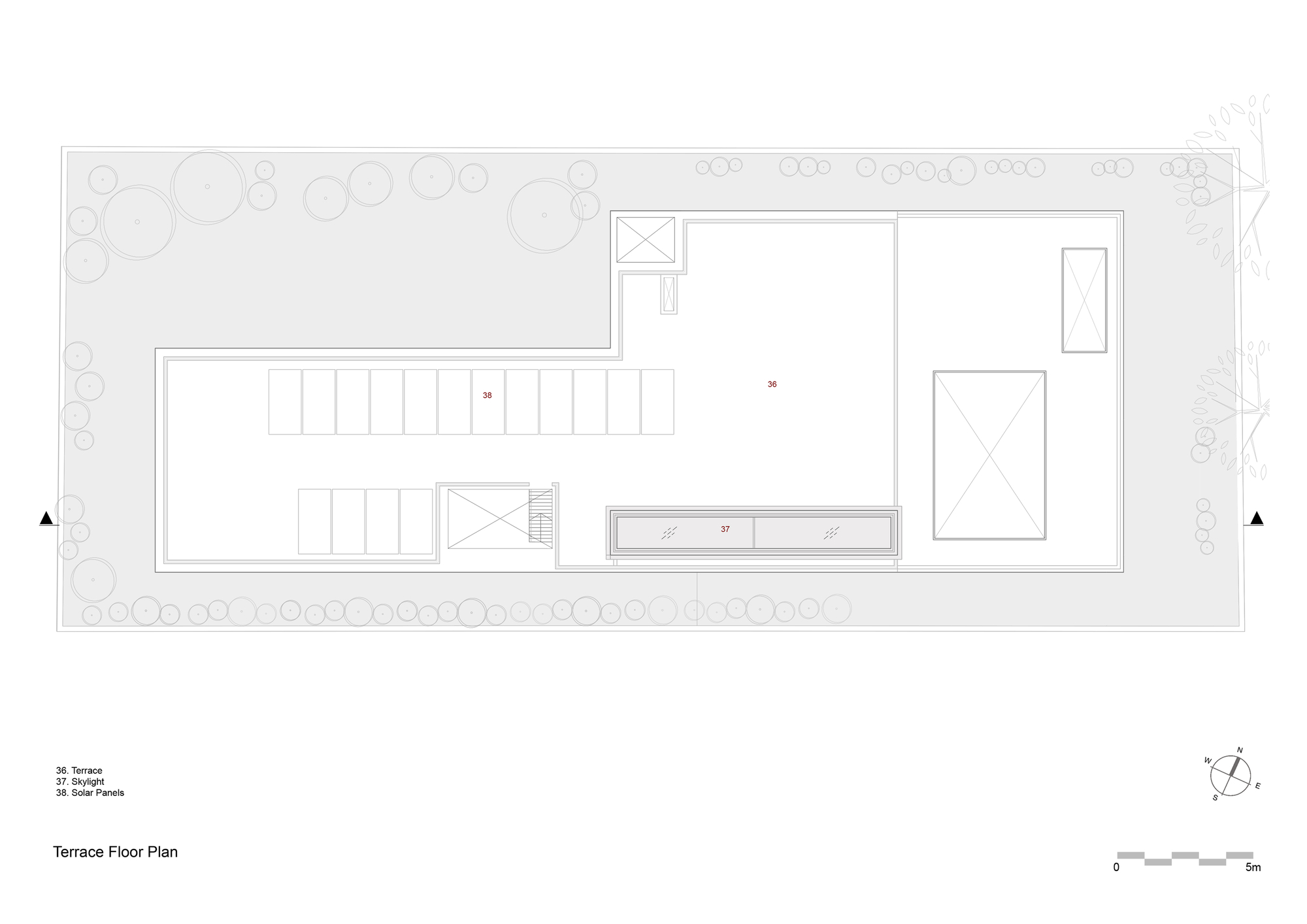 Terrace floor plan showing rooftop deck with storage pavilions and planted edge perimeter