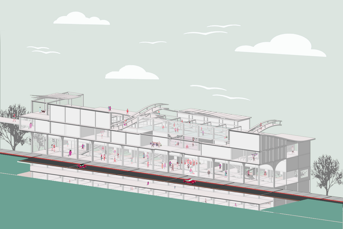 Sectional perspective illustrating multi-level circulation, shared spaces, and integrated living within the bridge structure.