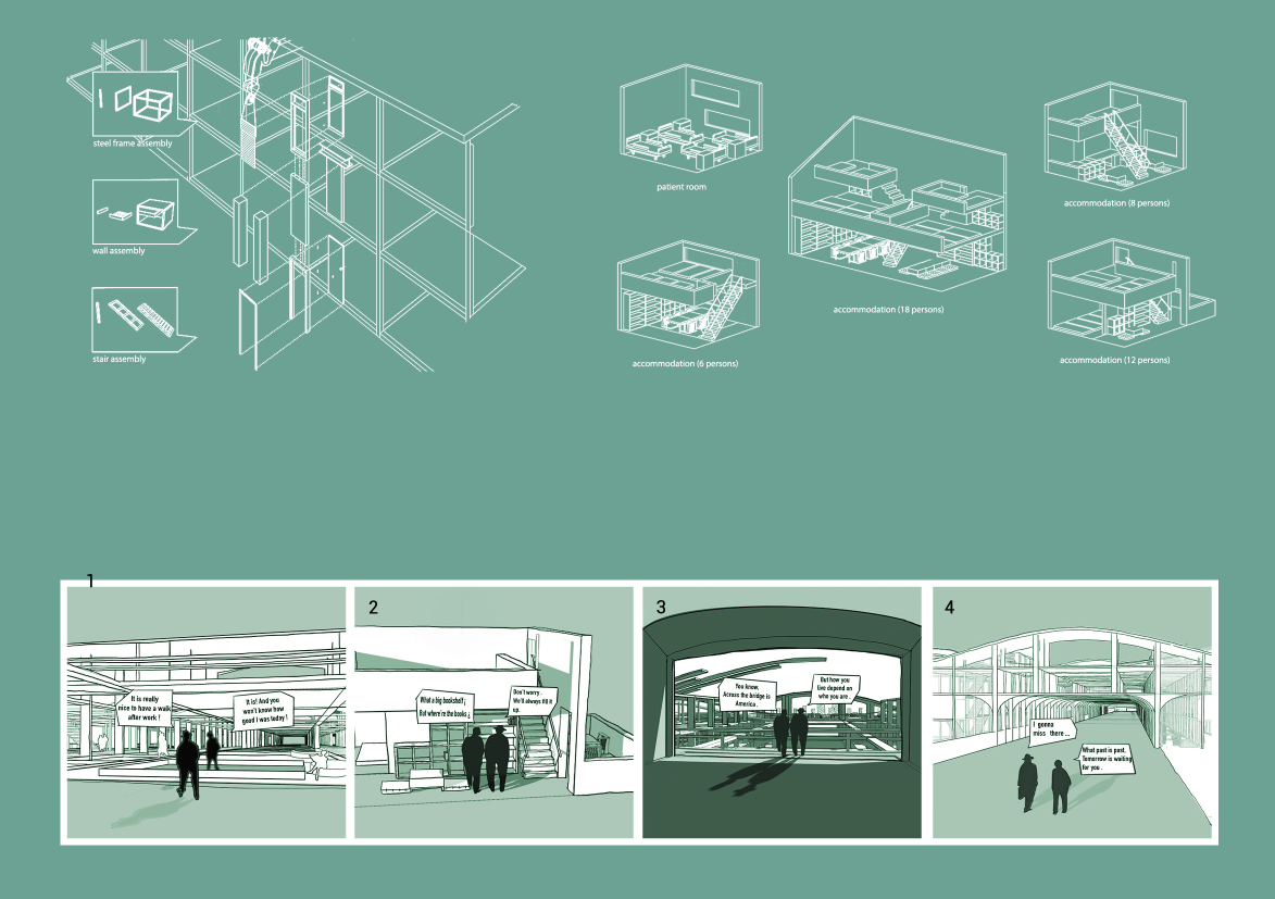 Exploded axonometric showing modular construction, unit typologies, and flexible accommodation configurations.