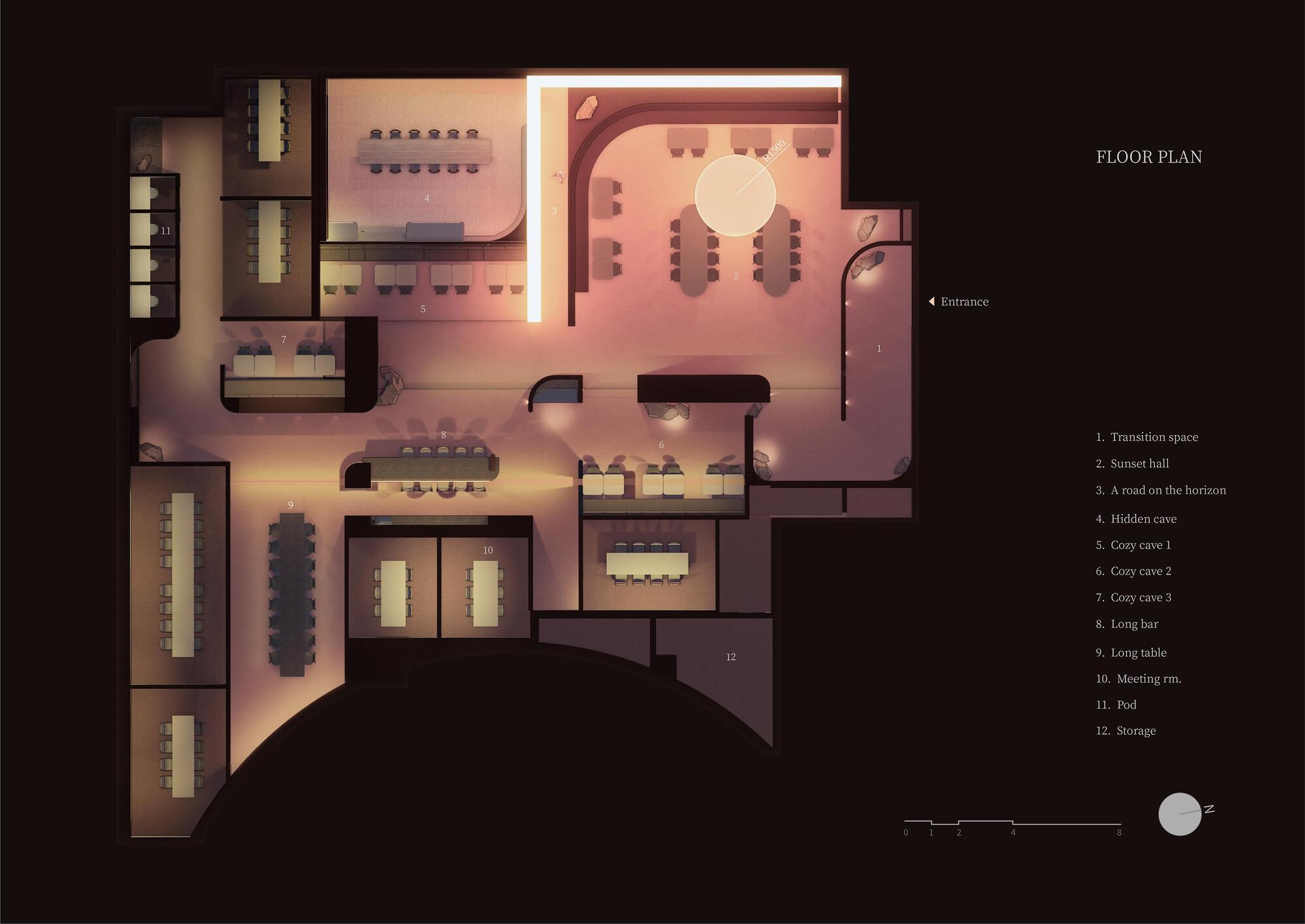 Floor plan drawing showing interconnected dining and meeting rooms with labeled program areas