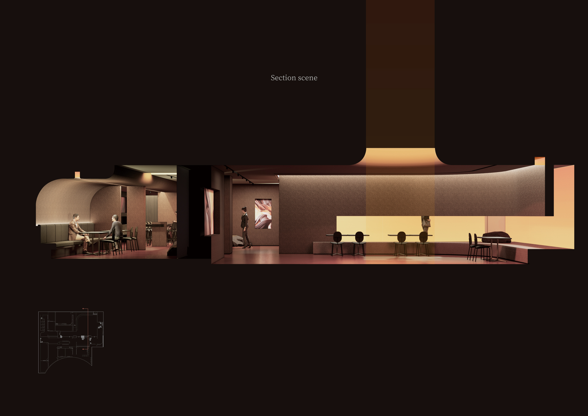 Section drawing showing curved dining room, gallery corridor, and lounge with figures and furniture
