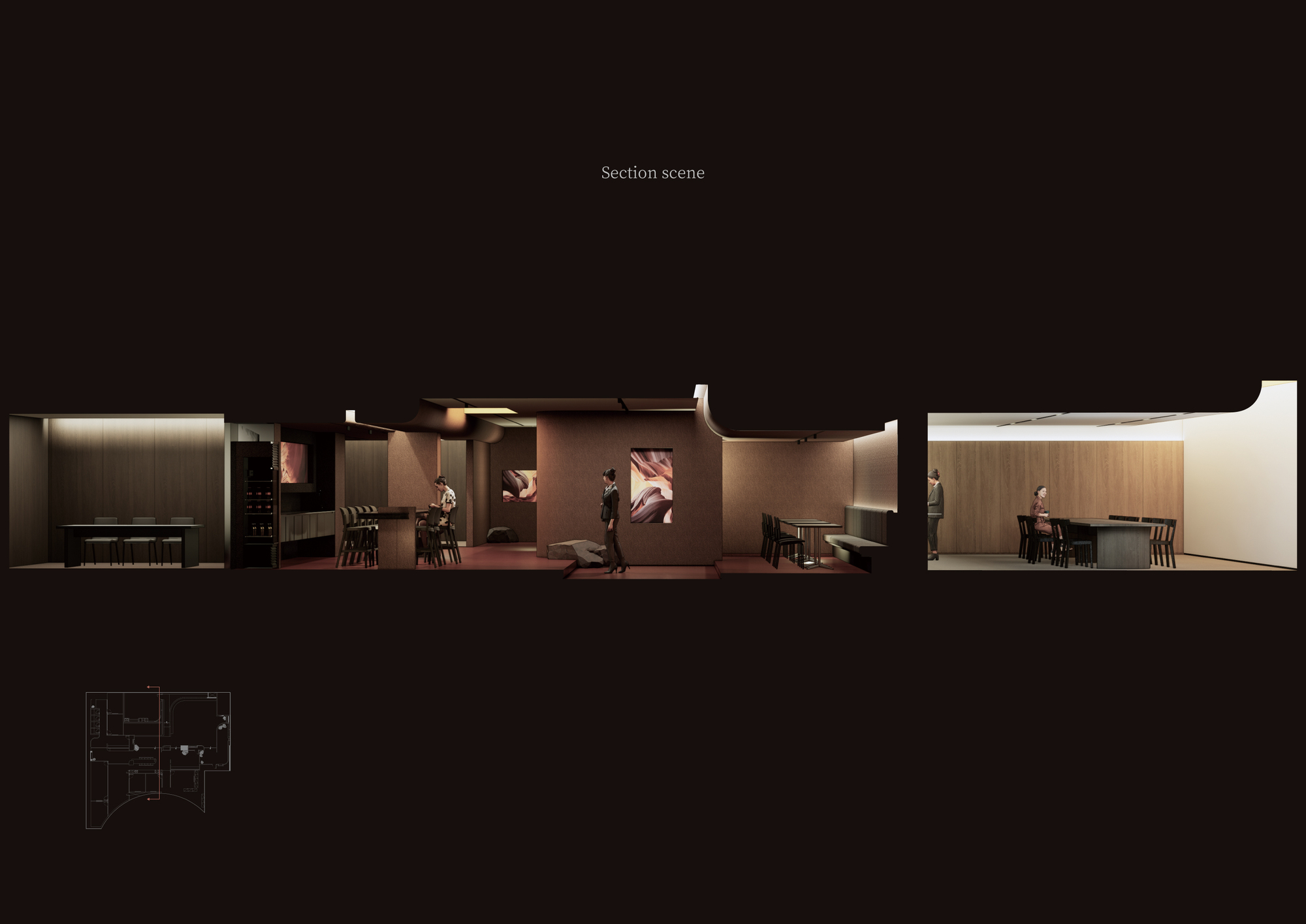 Section drawing revealing bar area, central gallery, and dining room with illuminated wall panels