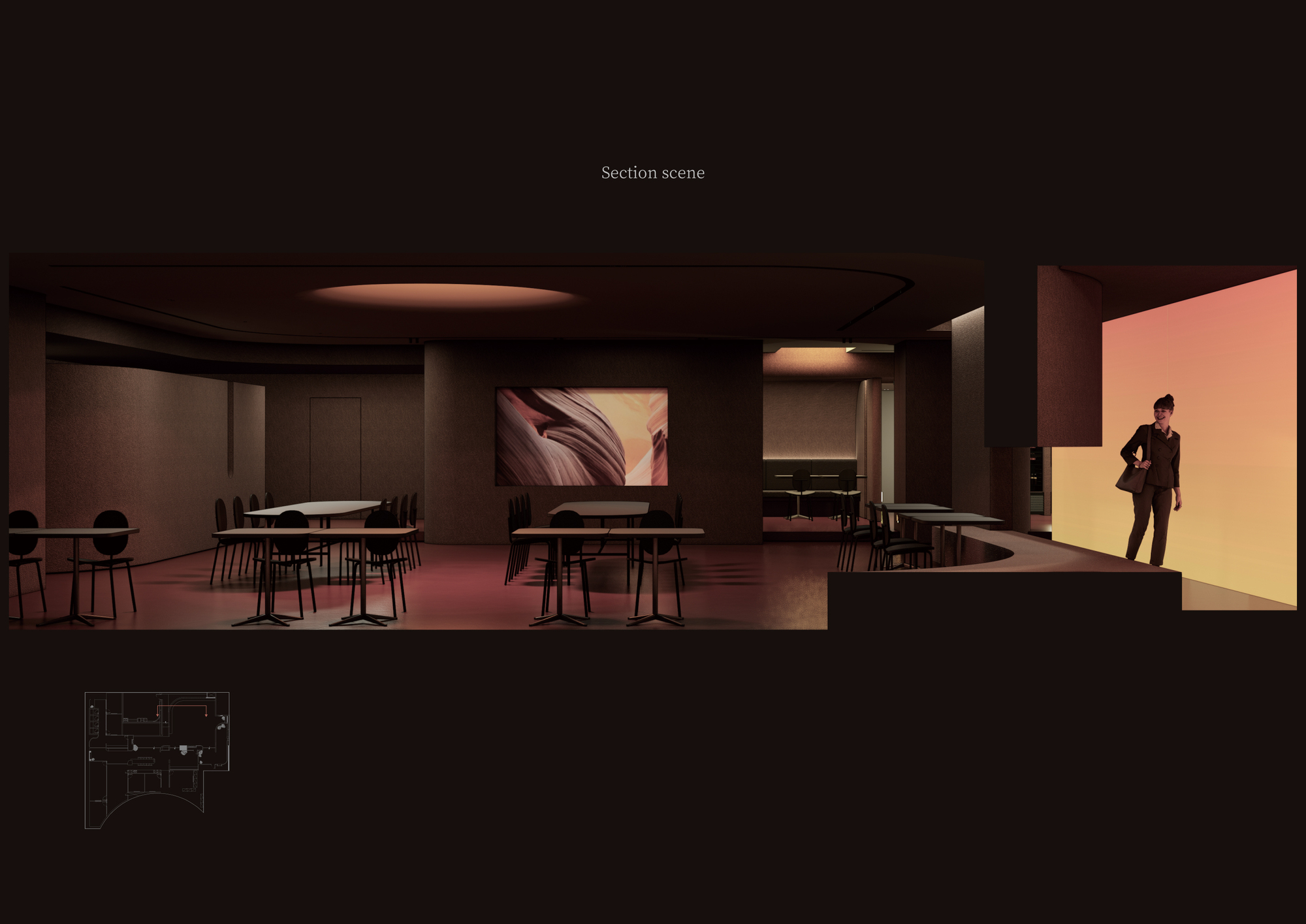 Section drawing showing dining and lounge areas with circular ceiling recesses and a figure in a backlit alcove