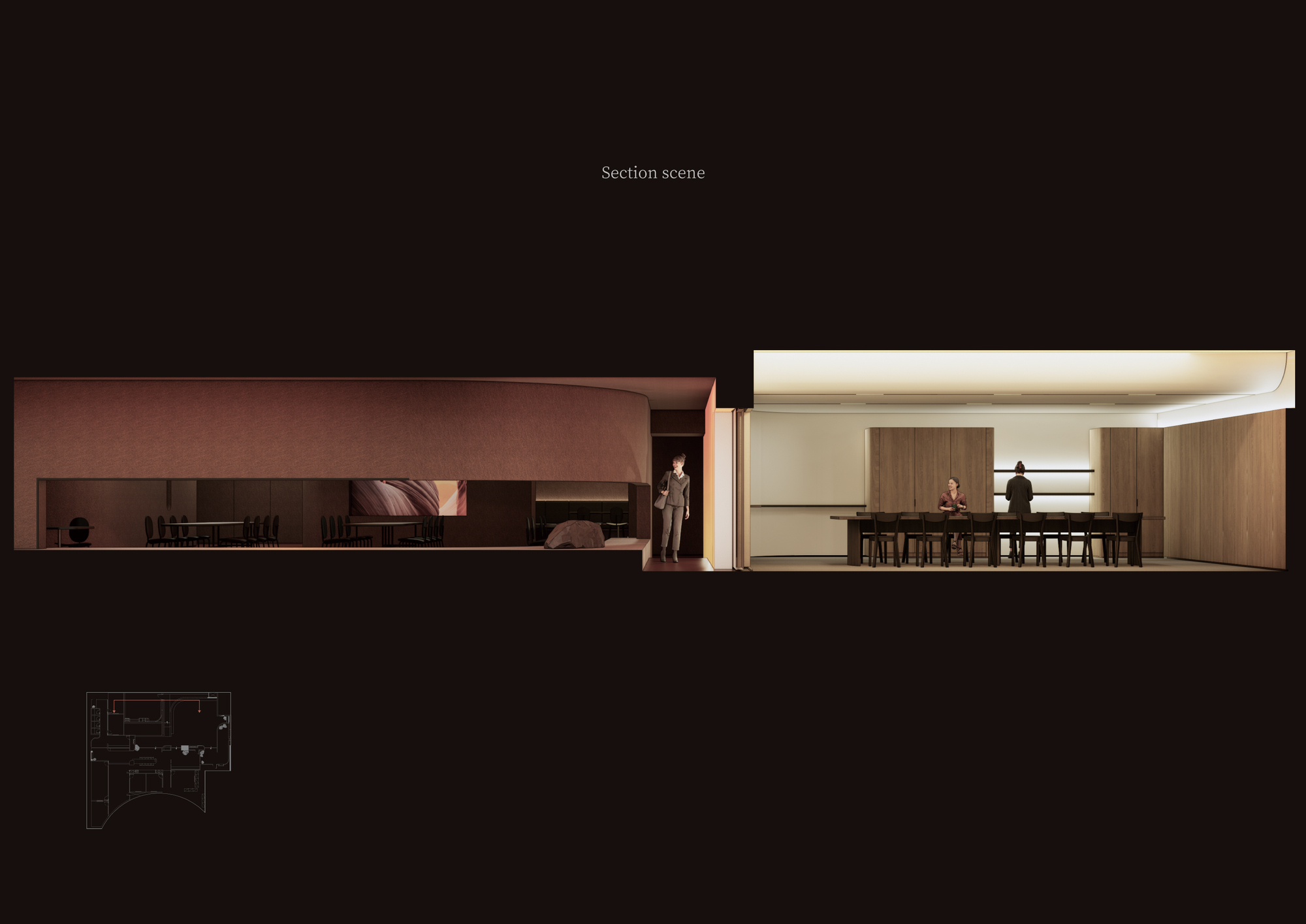 Section drawing revealing two contrasting interior volumes: a terracotta-toned lounge and a cream-lit dining space