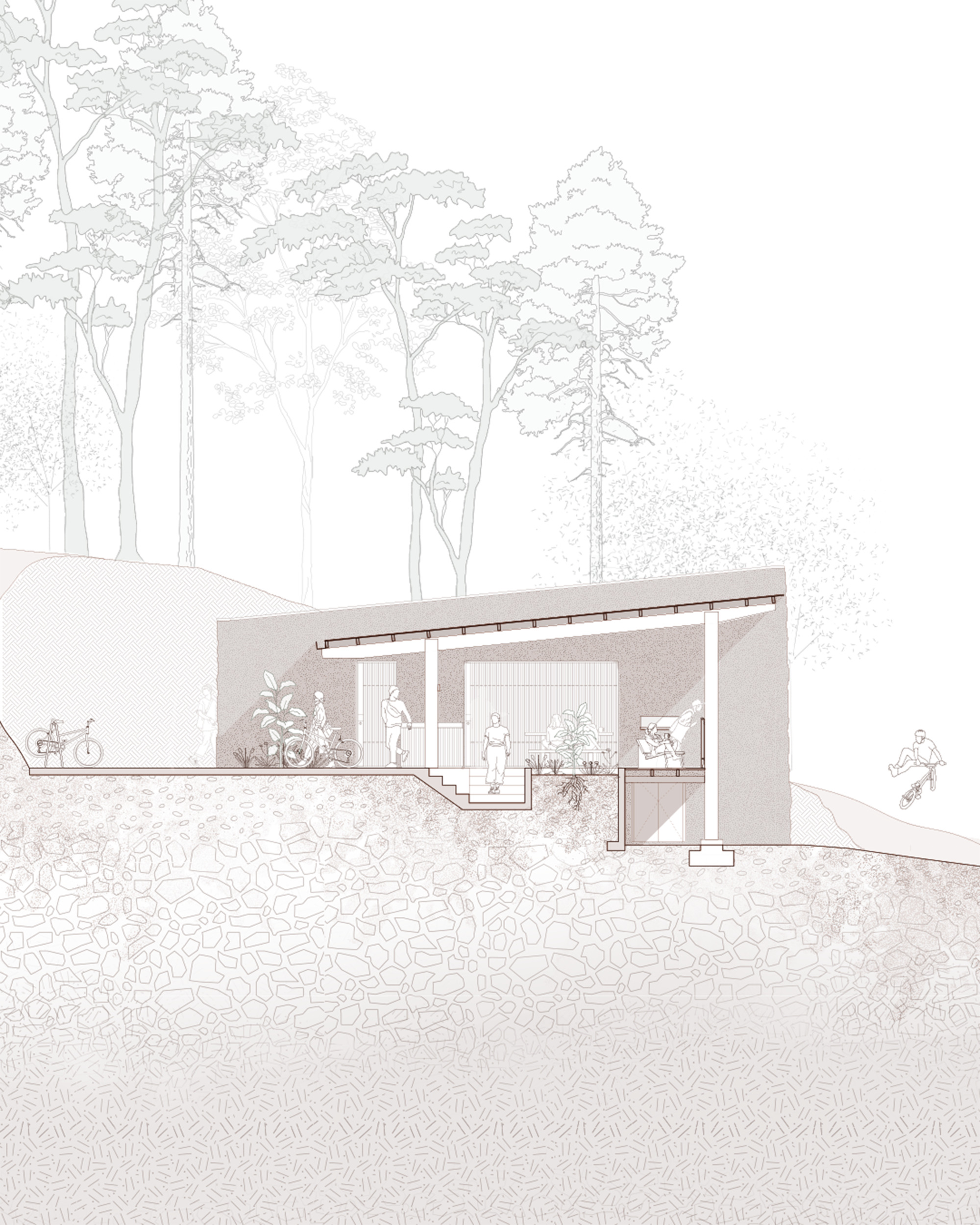 Section drawing through the pavilion showing the sloped site and tree canopy above with figures for scale
