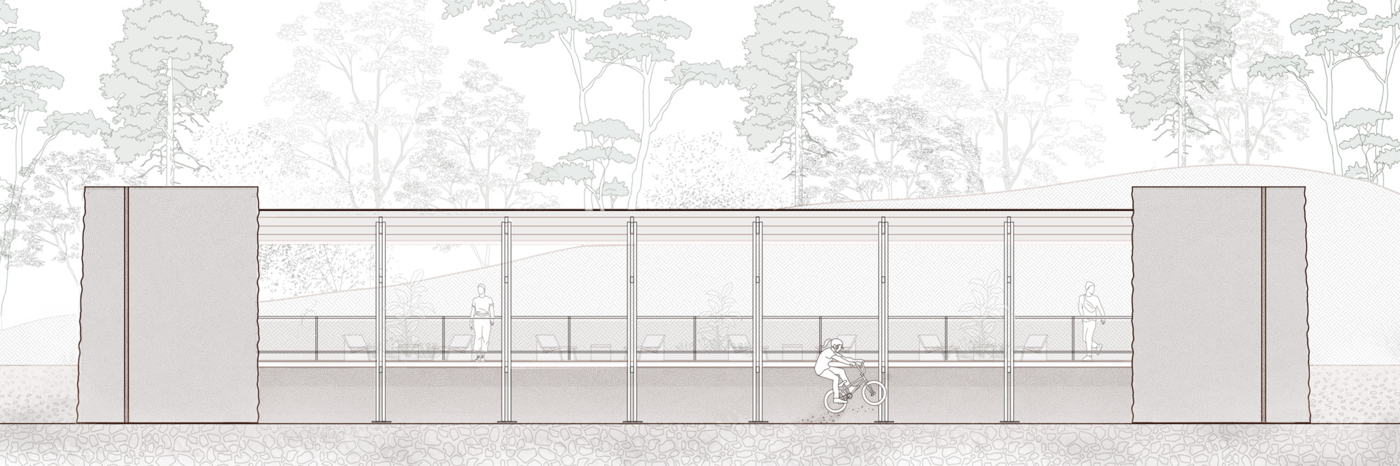Elevation drawing depicting a glazed facade with slender columns flanked by solid end volumes
