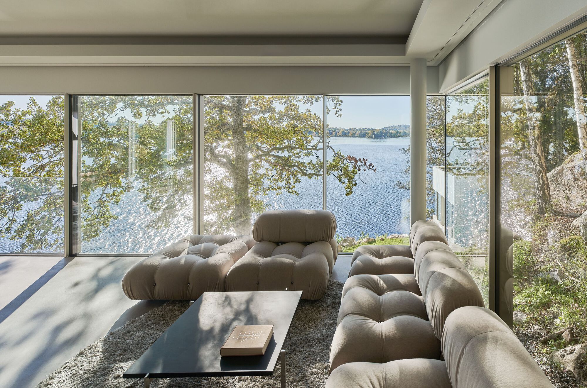 Living room with full-height glazing framing lake views and dappled shadows from overhanging oak branches