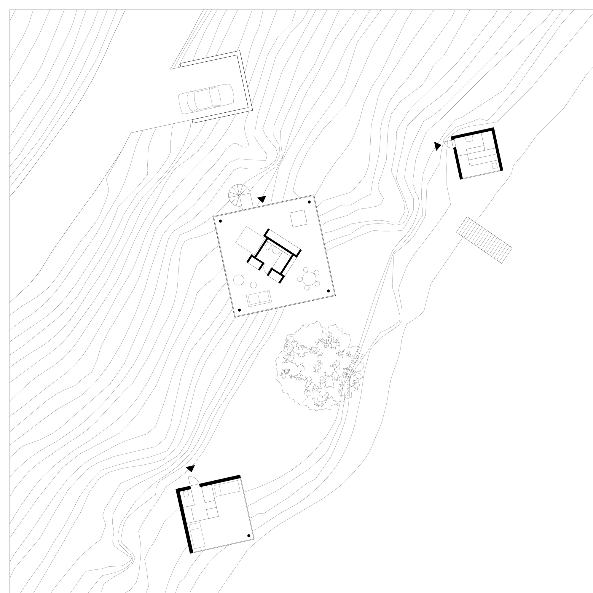 Site plan drawing showing three structures and contour lines across a sloping waterfront terrain
