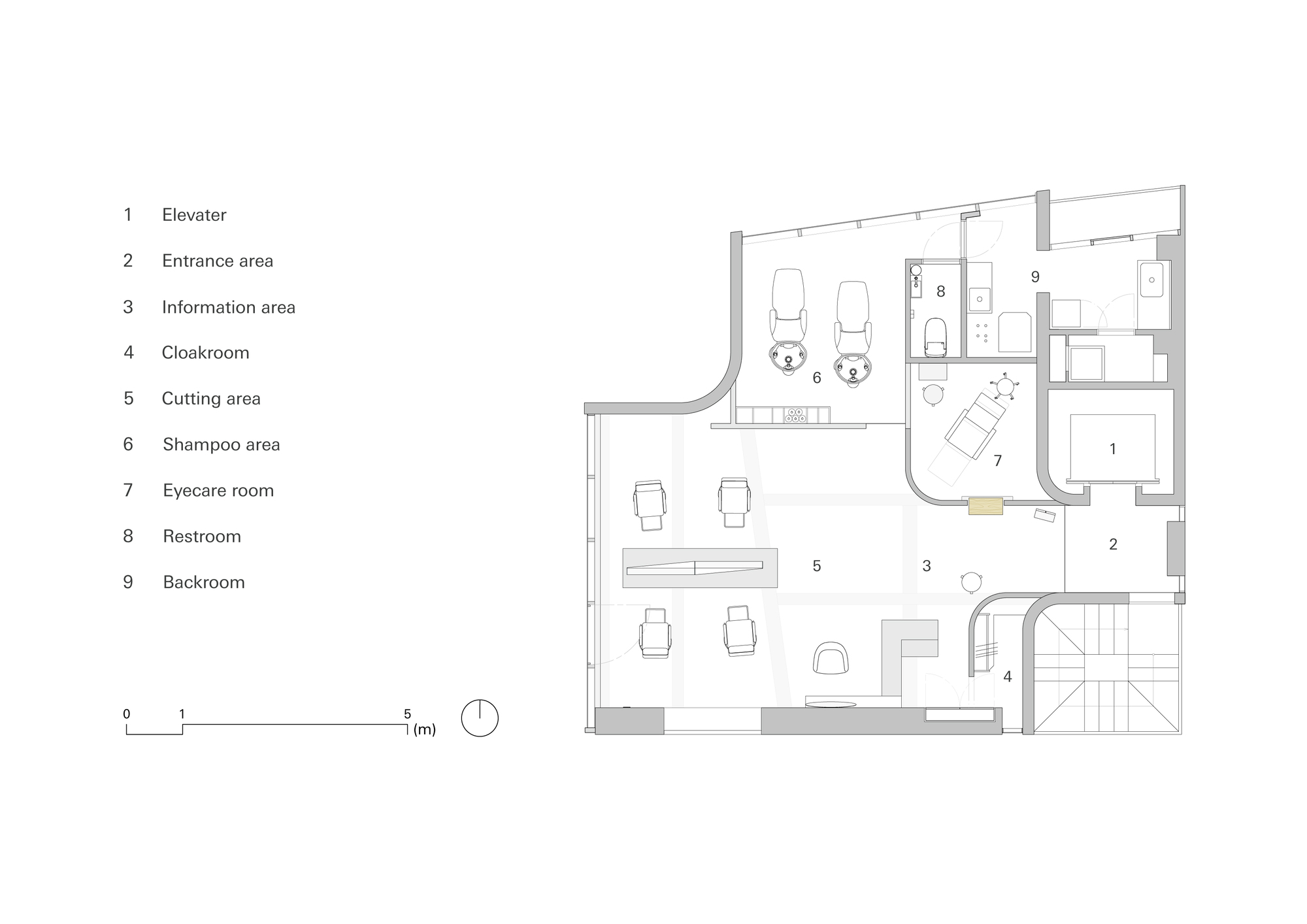 Floor plan drawing showing salon layout with cutting area, shampoo stations, and curved entrance wall