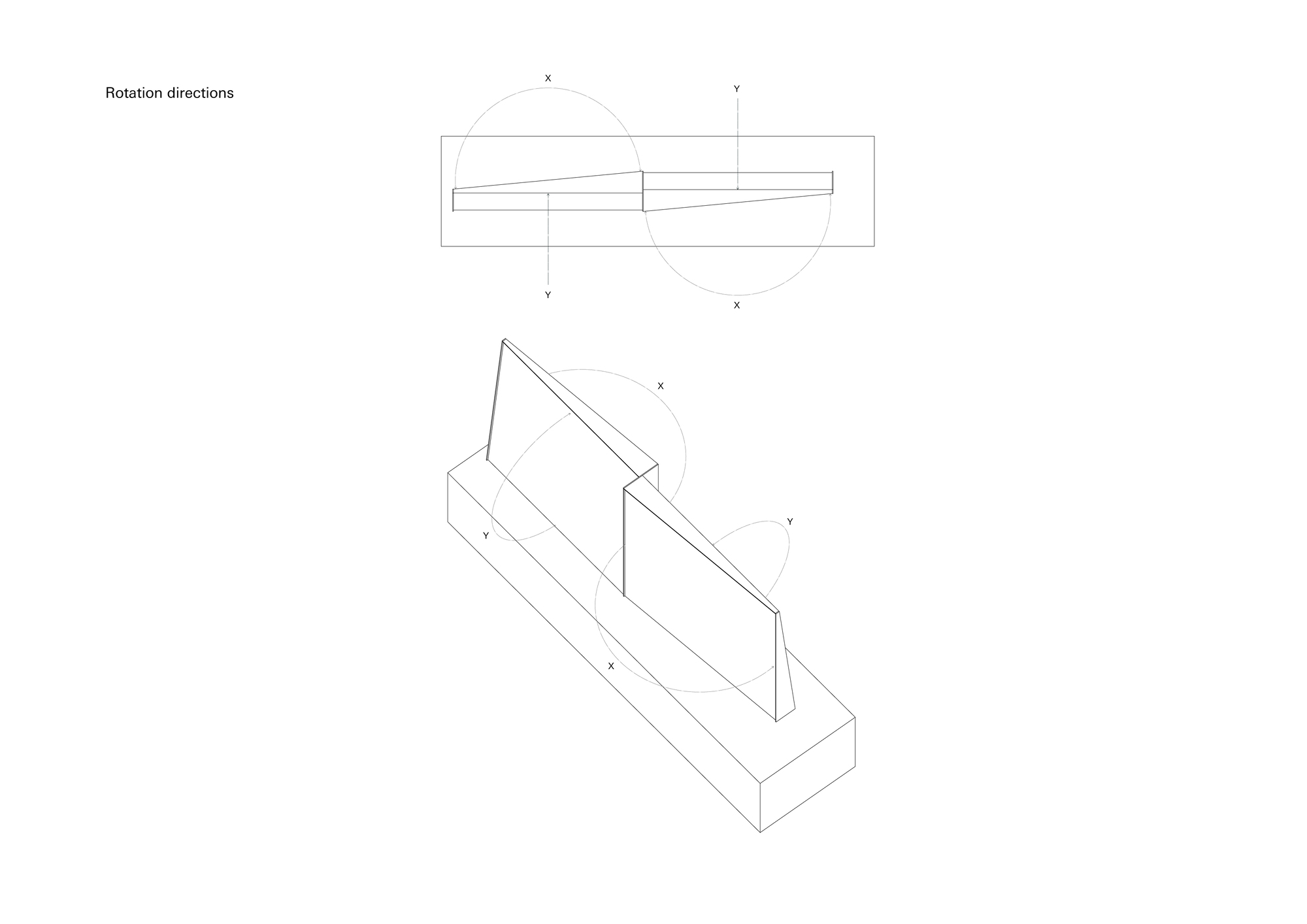 Axonometric drawing illustrating angled glass panels and their rotation axes in plan and perspective